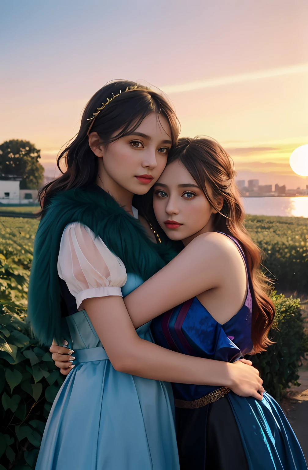 (Positive focus, Original photo),(((model shoot,2girls,duo,hugging))),navel,Portrait close-up, (Sunset: 1.1), Surrealistic Female Portraits by David Hockney and Alphonse Mucha, Fantasy art,Wear gorgeous furs, (Blue pupil: 1.4, shiny pupils: 1.4, Big eyes: 1.1), Photo fidelity, Dynamic lighting, Art Station, poster for, voluminetric lighting, Very detailed face, 4K, Award-winning, Shadows, understated, (official outfit: 1.4, Complex clothing), Looking at the camera, Bust Up Shot, (Realistic face)),