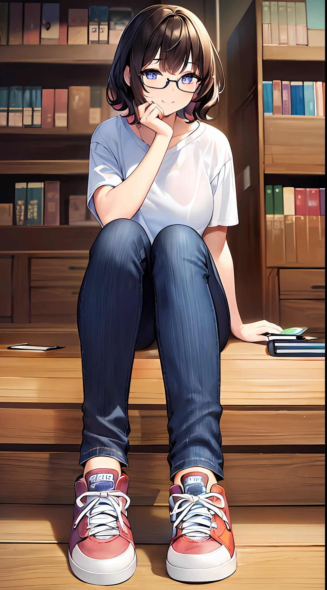 (masterpiece), best quality, expressive eyes, perfect face, 1girl, solo, pixie cut curly hair , (illustration: 1.1), (best eyes: 1.3), (beautiful and clear background: 1.25), (extremely detailed CG unity 8k wallpaper: 1.1), (colorful: 0.9), (depth of field: 0.75),
(detailed eyes: 1.4), black eyes, (multicolored hair: 1.2), brown hair, bright eyes, multi line in hair, glasses,
(Oversize T-shirt: 1.4), scraft, jeans long pant, sneaker shoes,
looking_at_viewer, smile, library, indoor, romantic, reading book, close up,