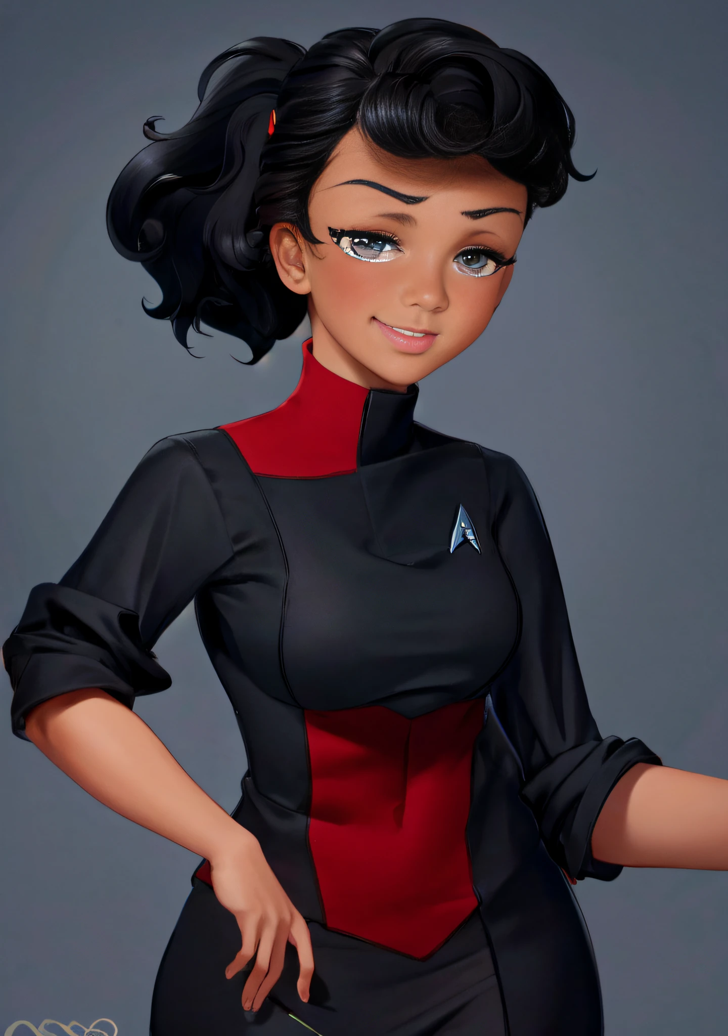 Mariner desde las cubiertas inferiores de Star Trek, piel negra, afroamericana, ojos marrones, cabello negro, Uniforme rojo, Traje de vuelo ajustado