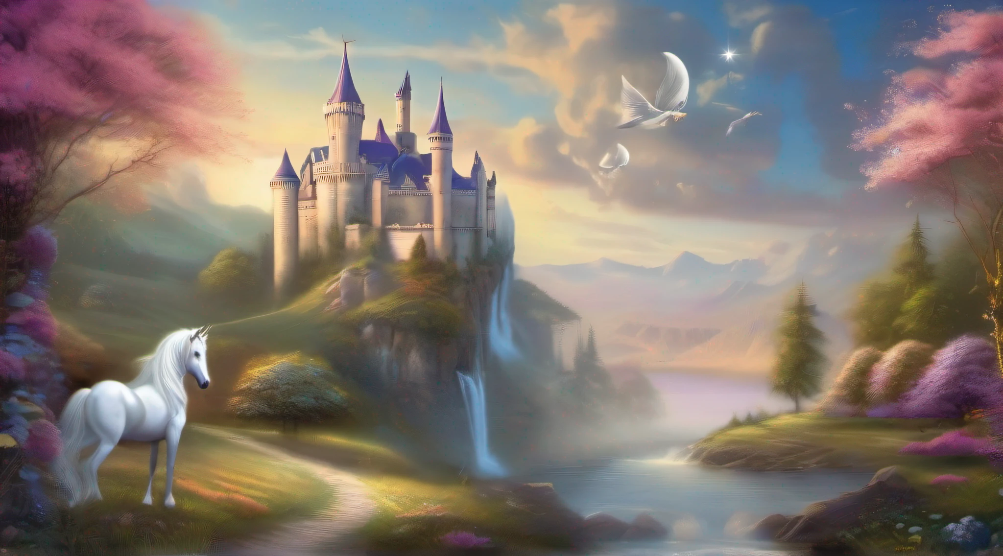 "Mural with a majestic unicorn and an enchanting castle, specially designed for children."