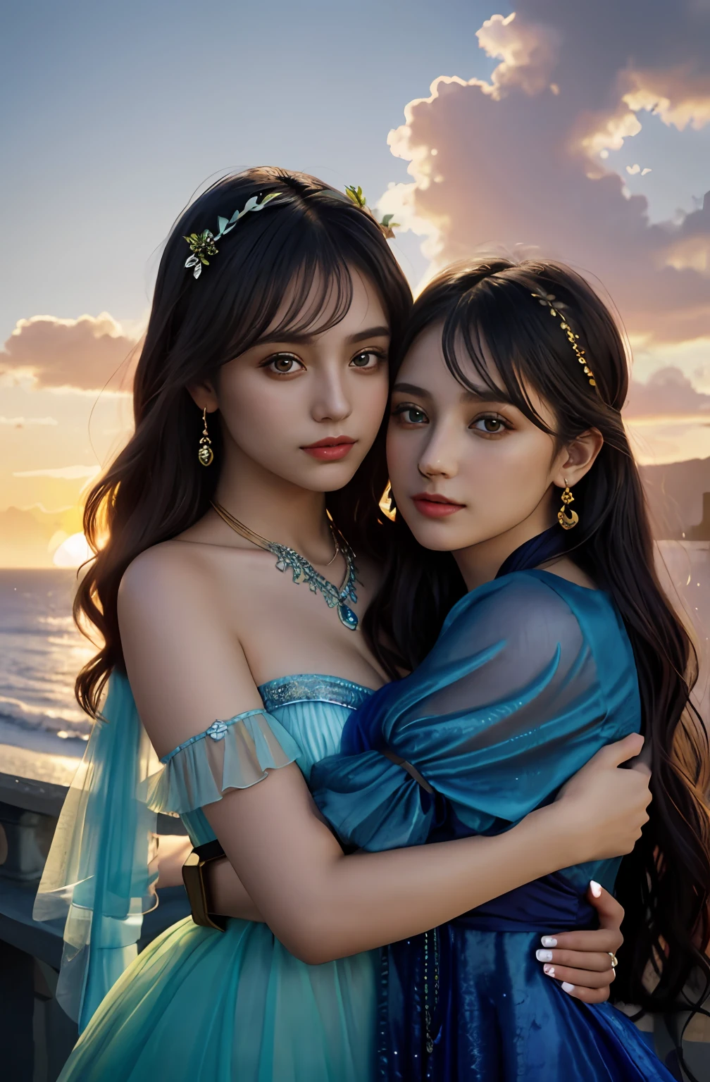 (Positive focus, Original photo),(((model shoot,2girls,duo,hugging))),navel,Portrait close-up, (Sunset: 1.1), Surrealistic Female Portraits by David Hockney and Alphonse Mucha, Fantasy art,Wear gorgeous furs, (Blue pupil: 1.4, shiny pupils: 1.4, Big eyes: 1.1), Photo fidelity, Dynamic lighting, Art Station, poster for, voluminetric lighting, Very detailed face, 4K, Award-winning, Shadows, understated, (official outfit: 1.4, Complex clothing), Looking at the camera, Bust Up Shot, (Realistic face)),
