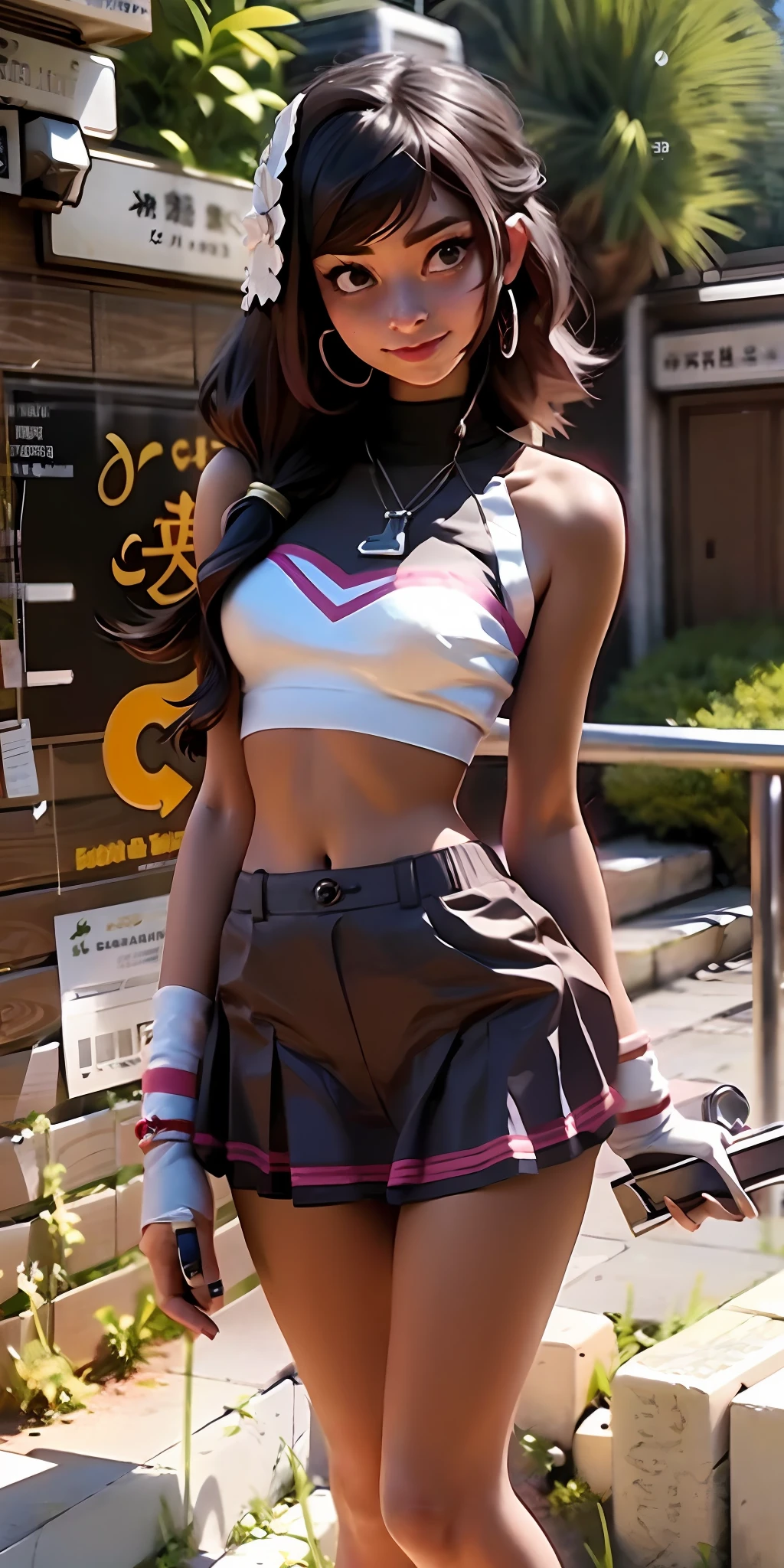 woman in a short skirt and high heels walking down a sidewalk, dressed as schoolgirl, anime girl cosplay, tinyest midriff ever, tifa lockhart, wearing crop top and miniskirt, hyperrealistic schoolgirl, hana yata, cosplay, wearing a sexy cropped top, cosplay photo, physical : tinyest midriff ever