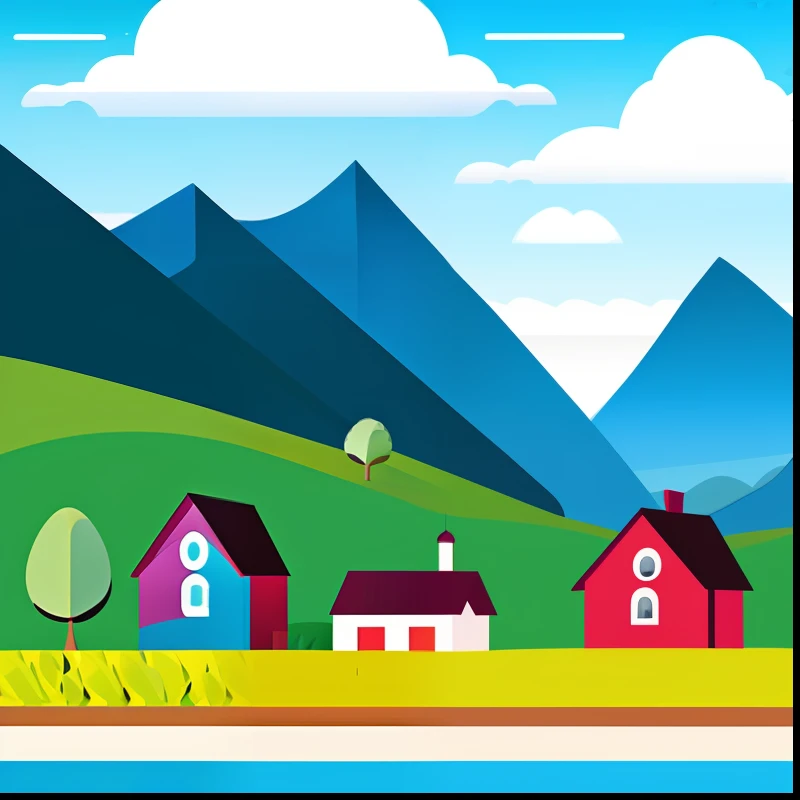 Beautiful village, houses, Mountains, trees, lake, papercurl illustration.