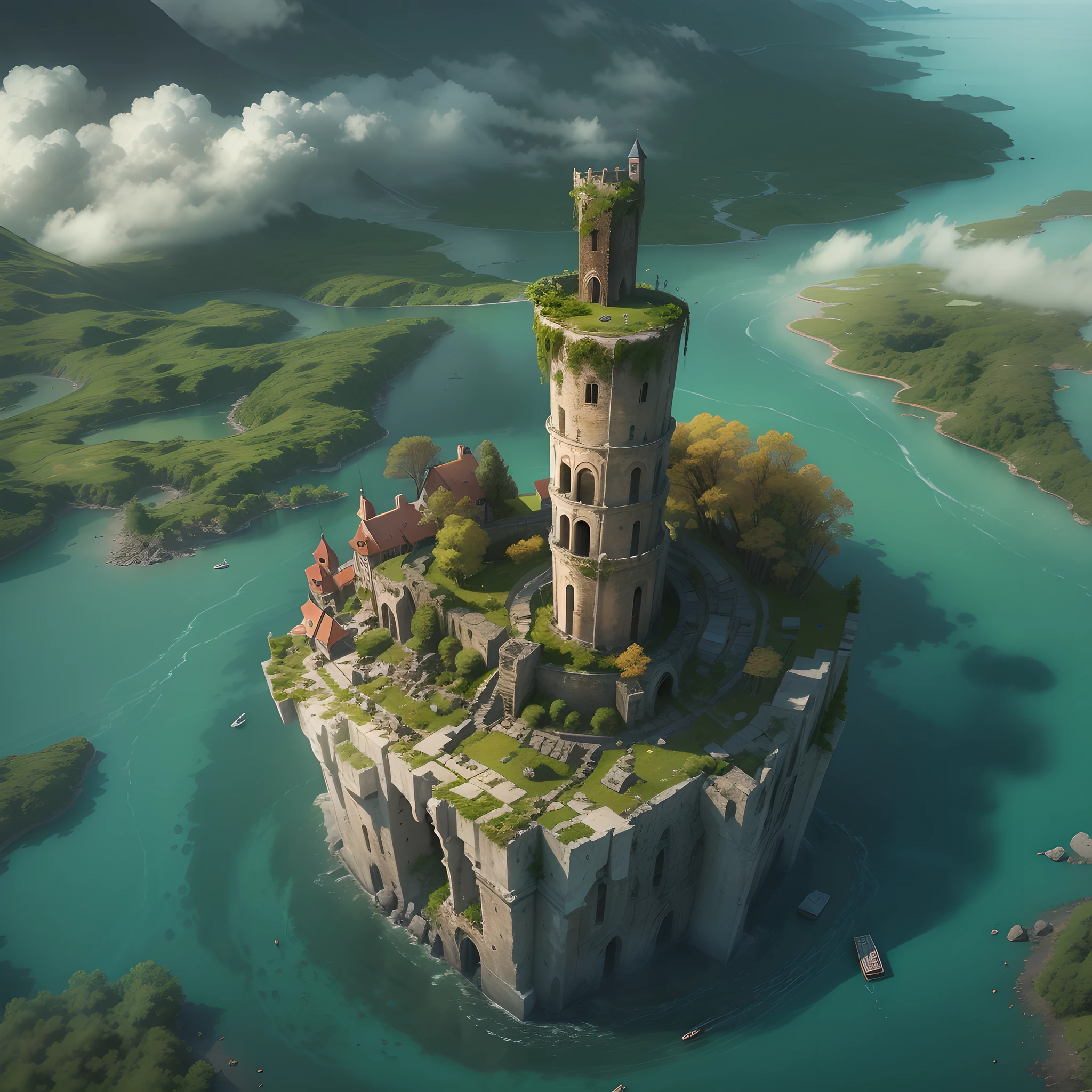 Island floating in the sky, on the island there is a collapsed medieval tower.