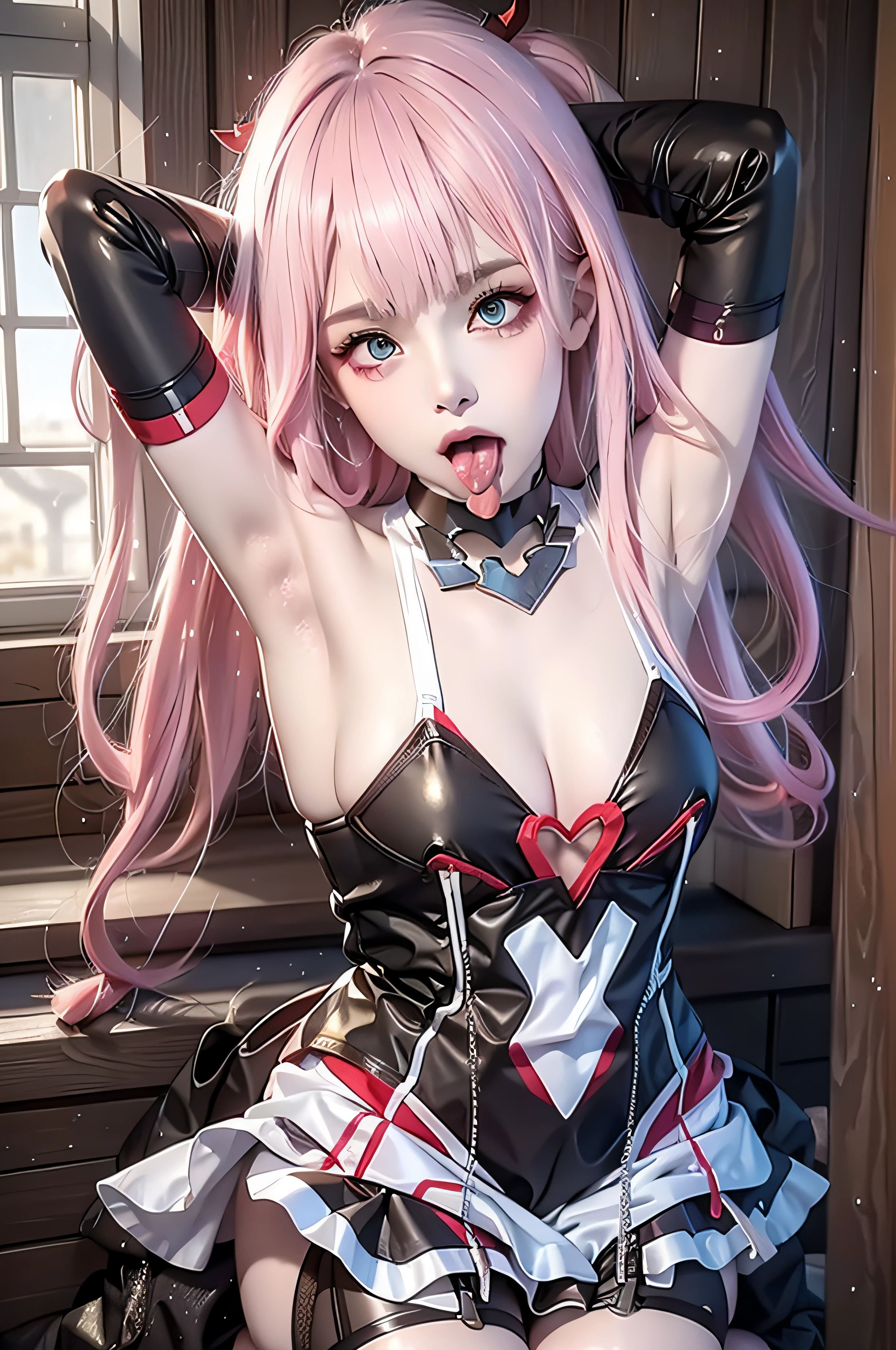 1girl, (sticking out her tongue out), (tongue), ultra high res, photorealistic, best quality, 8k resolution, masterpiece, cat ears, ((choker, latex, tight swimsuit)), tank top, ((close up face view)), (ahegao), kneeling, oh face, Open your mouth wide, Stick out your tongue to receive, One hand in your mouth, Ecstasy, (White liquid on your face), Face up, Shoot from above, (White liquid dripping from your mouth), Tongue sticking out, (White liquid accumulation on the tongue), ecstatic look, a large amount of white liquid in the mouth, white liquid on the chest, delicate fingertips, complicated fingertips, nsfw, eyes roll back, eyes up, zero two