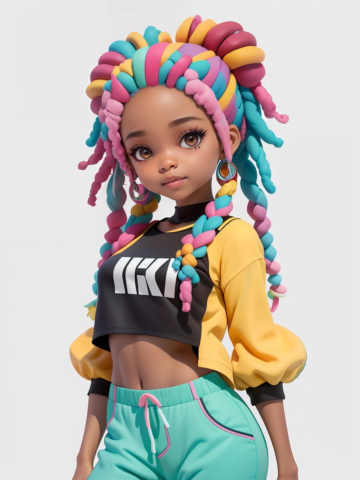 (obra-prima), (melhor qualidade), (ultra-detalhado), (corpo inteiro: 1.2) loli menina negra, liso, afro, dread's, encaracolado ,pants and mini blouse, sorriso claro, corpo inteiro, :3, cabelo mesclado, curto, preso, pavor, moderno, Modern accessories, fundo tom pastel , colorido e simples.