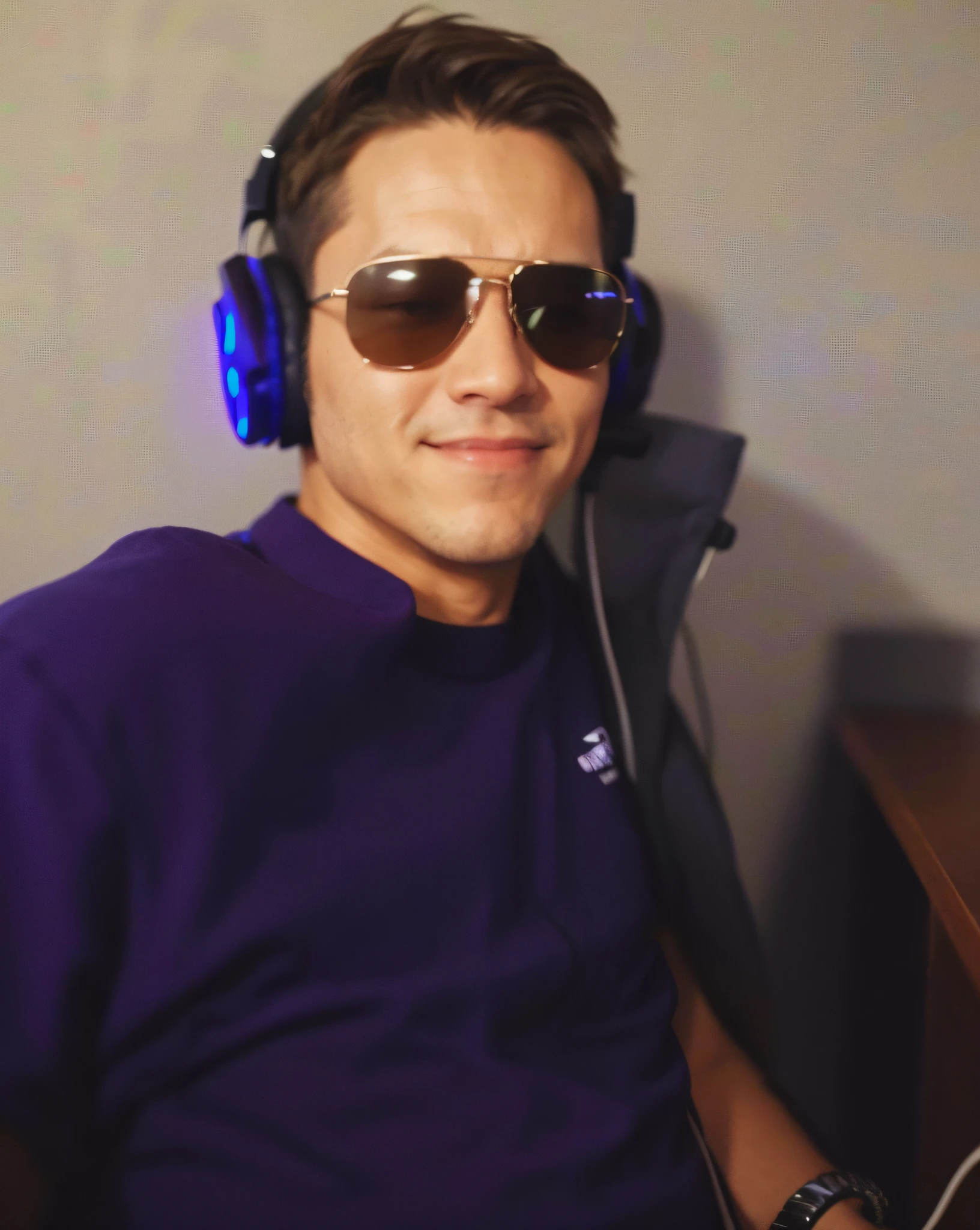 There is a man wearing headphones and a purple shirt, twitch streamer / gamer ludwig, Wearing purple headphones, with headphones, with headphones, twitch streamer, It has headphones, profile picture 1024px, wearing headphones, Headphones on, Wearing a gaming headset