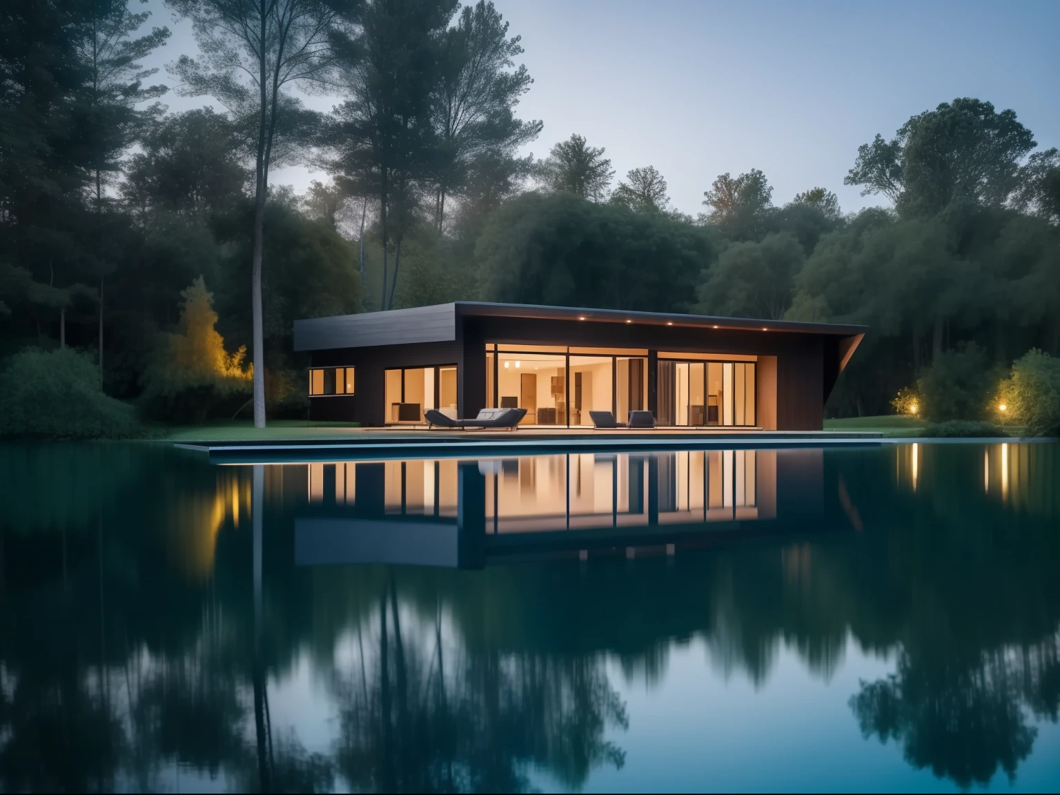 Detailed professional photo of amazing original cozy modern and expensive house in the middle of a small humbria island in the middle of a large dark lake, nublado ,dramatic, dense trees central Europe,