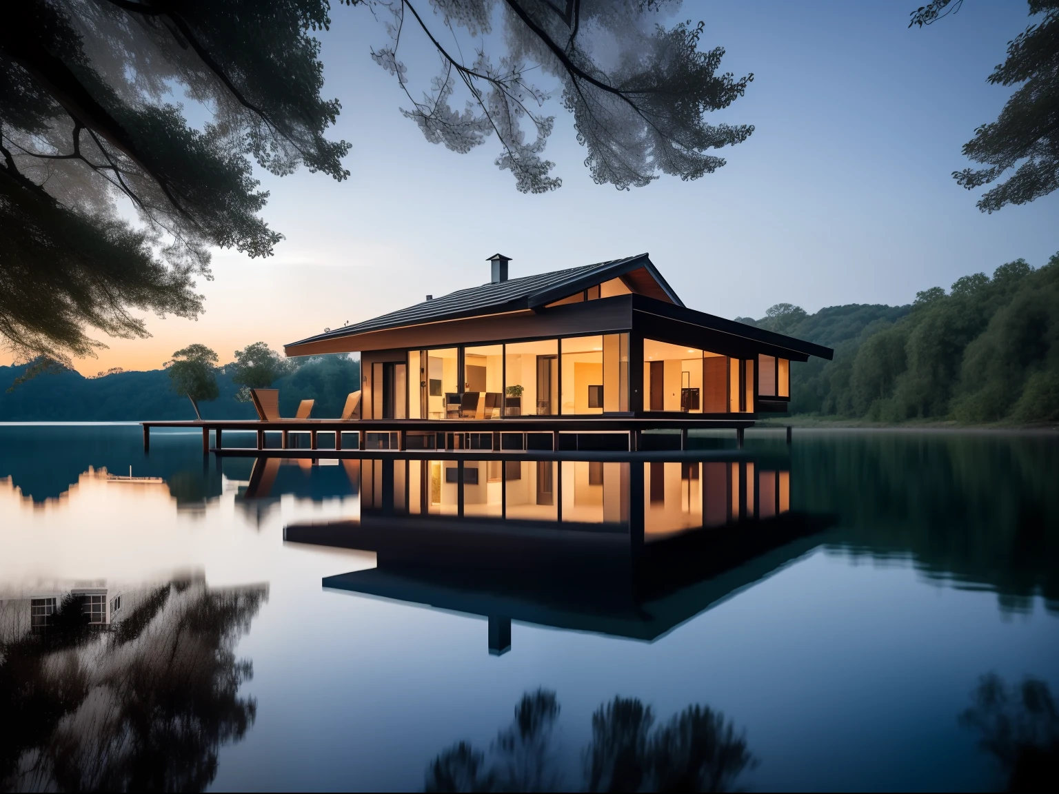 Detailed professional photo of amazing original cozy modern and expensive house in the middle of a small humbria island in the middle of a large dark lake, nublado ,dramatic, dense trees central Europe,