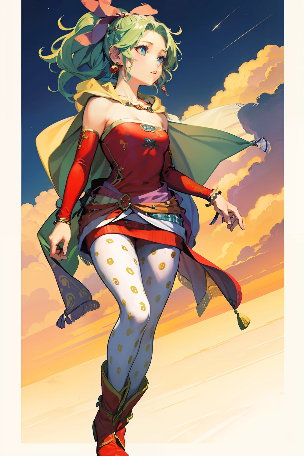 ​masterpiece、one girls、Tina Branford、Green hair、Blonde hair、Cape, earrings, Red dress, Detached sleeves, Hair Ribbon, clothes around waist, print legwear, Red boots