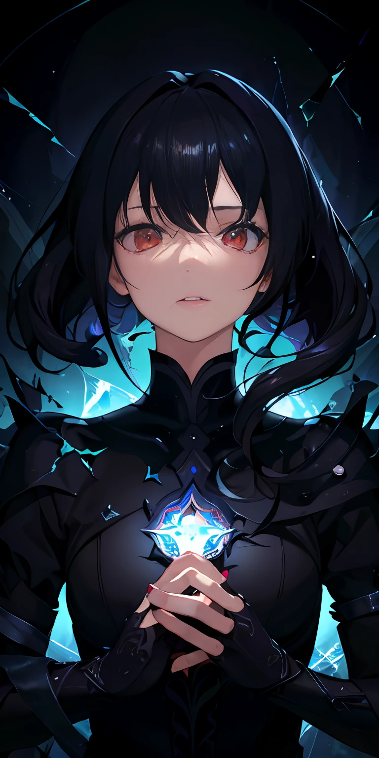 (masterpiece, best quality, ultra-detailed, best shadow), (detailed background,dark fantasy), (beautiful detailed face), high contrast, (best illumination, an extremely delicate and beautiful), ((cinematic light)), colorful, hyper detail, dramatic light, intricate details, (1 girl, solo,black hair, sharp face,low twintails,red eyes, hair between eyes,dynamic angle), blood splatter, swirling black light around the character, depth of field,black light particles,(broken glass),magic circle,