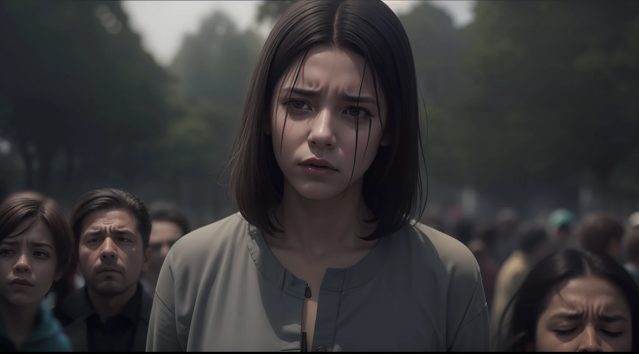 Foto realista, Homem meia idade, whitish eyes, marks of tired weeping expression, cabelos desarrumado ondulado, pele parda, casaco jeanz preto, olhar triste chorando lagrimas suave, em desespe rooupas rasgadas e sujos . Apocalyptic scenario, Ambiente apocaliptco, a crowd in despair blurred in the background.