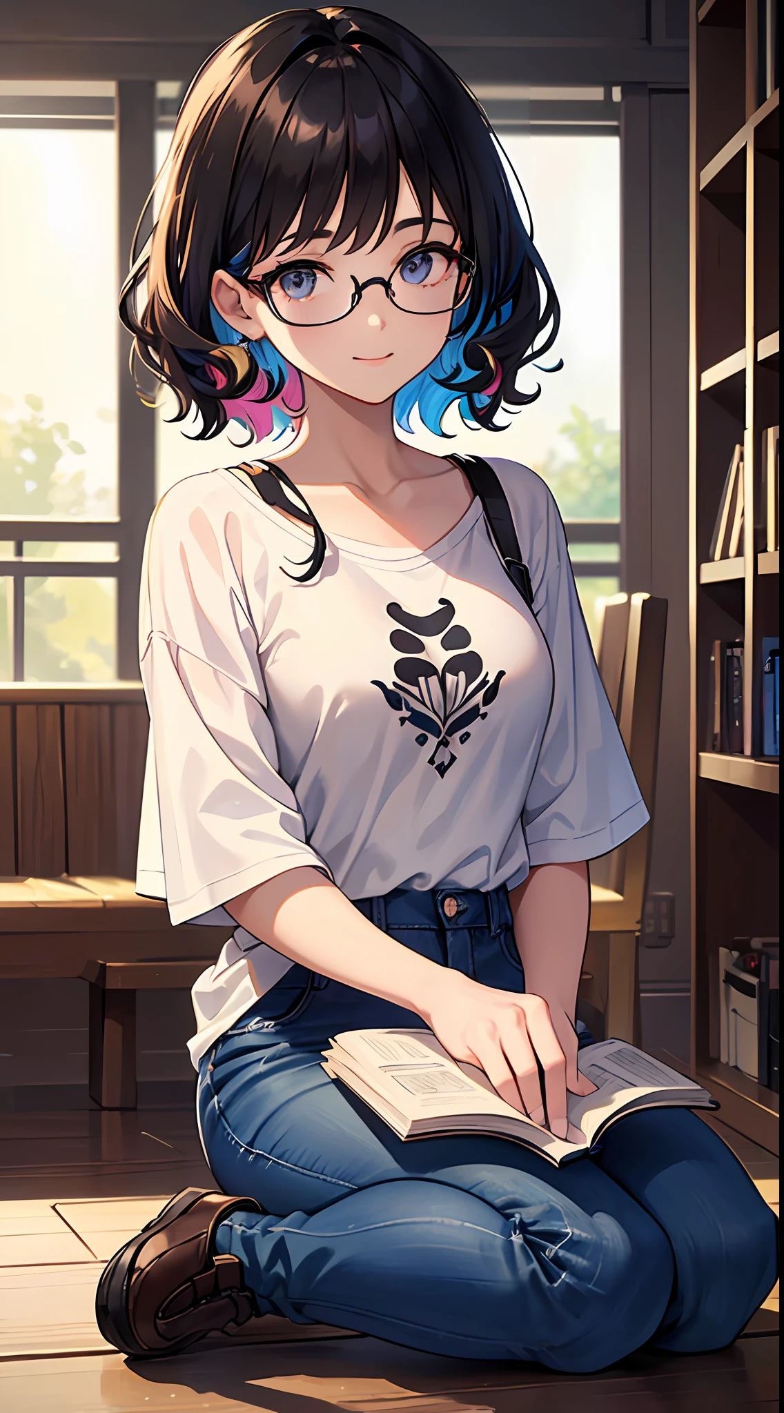 (masterpiece), best quality, expressive eyes, perfect face, 1girl, solo, pixie cut curly hair , (illustration: 1.1), (best eyes: 1.3), (beautiful and clear background: 1.25), (extremely detailed CG unity 8k wallpaper: 1.1), (colorful: 0.9), (depth of field: 0.75), 
(detailed eyes: 1.4), black eyes, (multicolored hair: 1.2), brown hair, bright eyes, multi line in hair, glasses, 
(Oversize T-shirt: 1.4), scraft, jeans long pant, sneaker shoes,
looking_at_viewer, smile, library, indoor, romantic, reading book, close up,