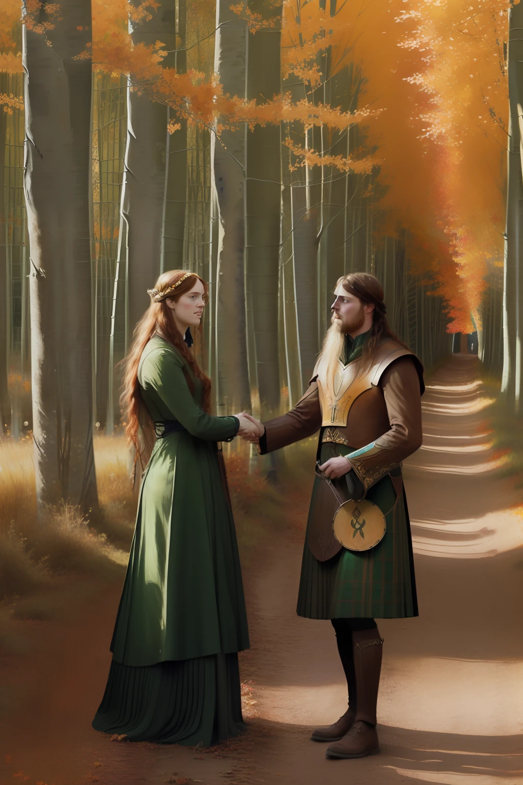 (((Pre-Raphaelite Celtic painting of a man greets a Celtic woman in a poplar alley in autumn)))