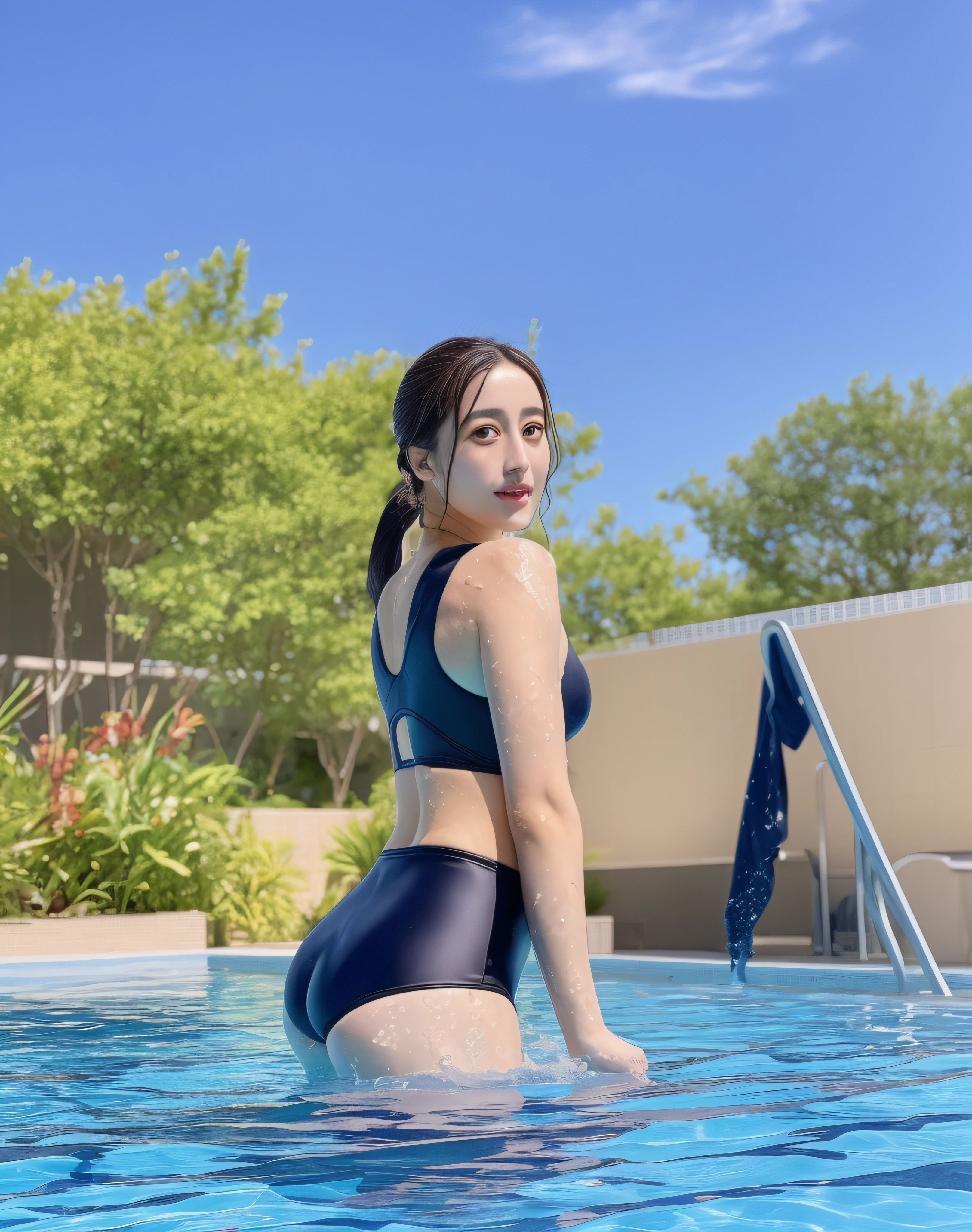 there is a woman in a black bikini sitting in a pool, wearing two - piece swimsuit, cottagecore!! fitness body, is wearing a swimsuit, squatting down next to a pool, dilraba dilmurat, 奈良美智, thicc, next to a pool, attractive pose, sakimichan