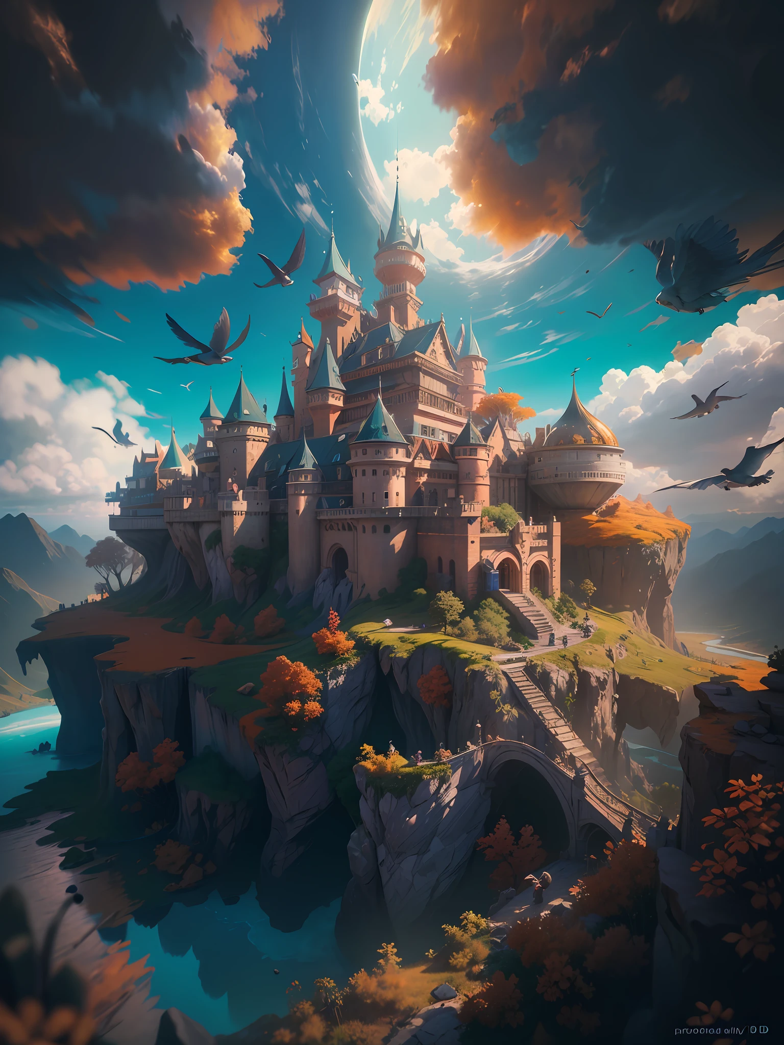 (realistic:1.2), (best quality:1.4), (masterpiece:1.2), (ultra highres:1.2), (photorealistic:1.4), (8k, RAW photo:1.2), professional lighting, photon mapping, radiosity,physically-based rendering, detailed, Castle in the Sky, surrealism, floating islands, artwork by Hayao Miyazaki, vibrant colors, dramatic lighting, epic atmosphere, cinematic view, high resolution digital artwork, trending in Artstation, 3D rendered with Unreal Engine 4, neon colors, birds around,