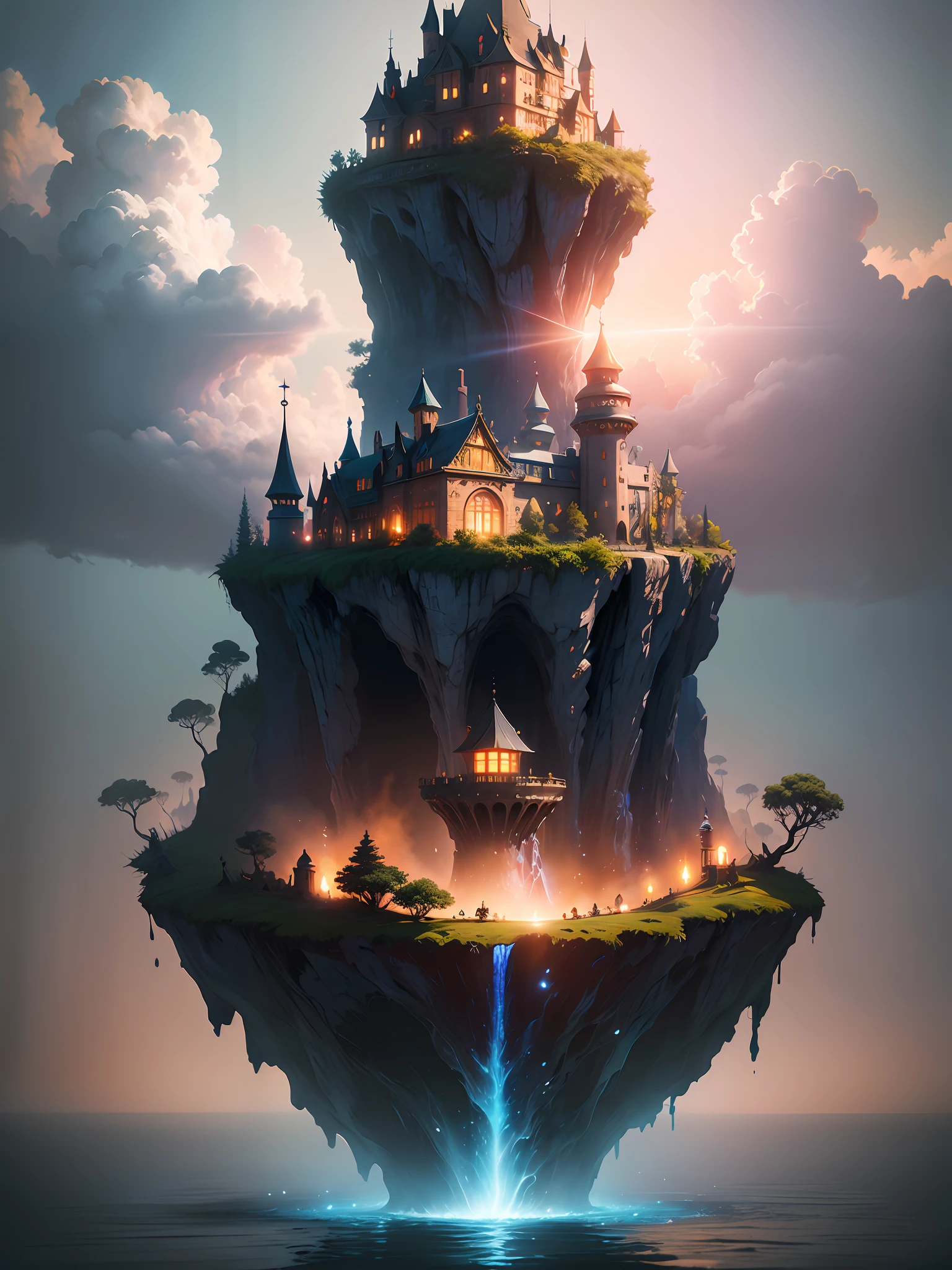 (realistic:1.2), (best quality:1.4), (masterpiece:1.2), (ultra highres:1.2), (photorealistic:1.4), (8k, RAW photo:1.2), professional lighting, photon mapping, radiosity,physically-based rendering, detailed, Castle in the Sky, surrealism, floating islands, artwork by Hayao Miyazaki, vibrant colors, dramatic lighting, epic atmosphere, cinematic view, high resolution digital artwork, trending in Artstation, 3D rendered with Unreal Engine 4, neon colors, birds around,