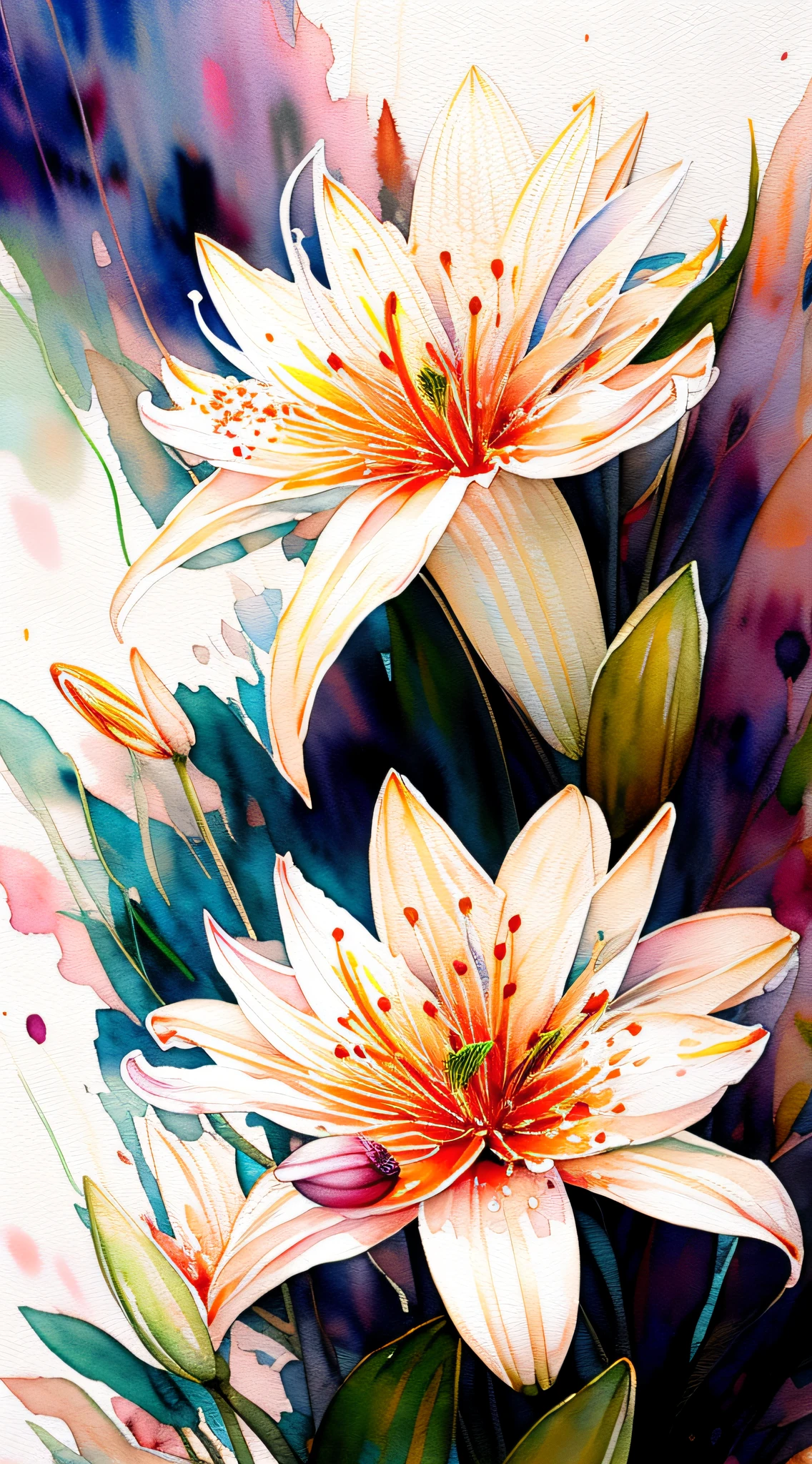 wtrcolor style, digital art of (lilies), official art, blown by the wind, masterpiece, beautiful, ((watercolor)), paint splatter, intricate details. Great detail, [dripping:0.5], trending on Artstation, Rachel Walker