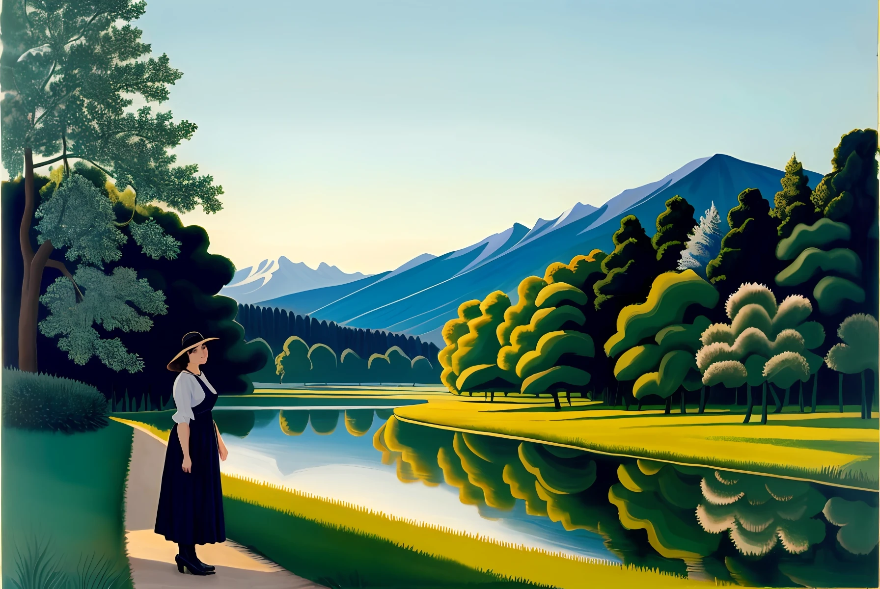 Beautiful nature,mountains, river, a beautiful young woman standing like vectorial design in sunny day style HENRI ROUSSEAU.