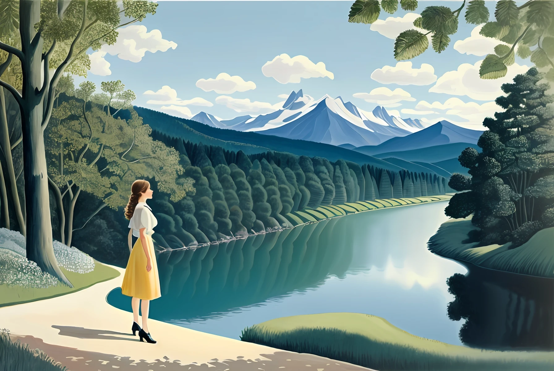 Beautiful nature,mountains, river, a beautiful young woman standing like vectorial design in sunny day style HENRI ROUSSEAU.