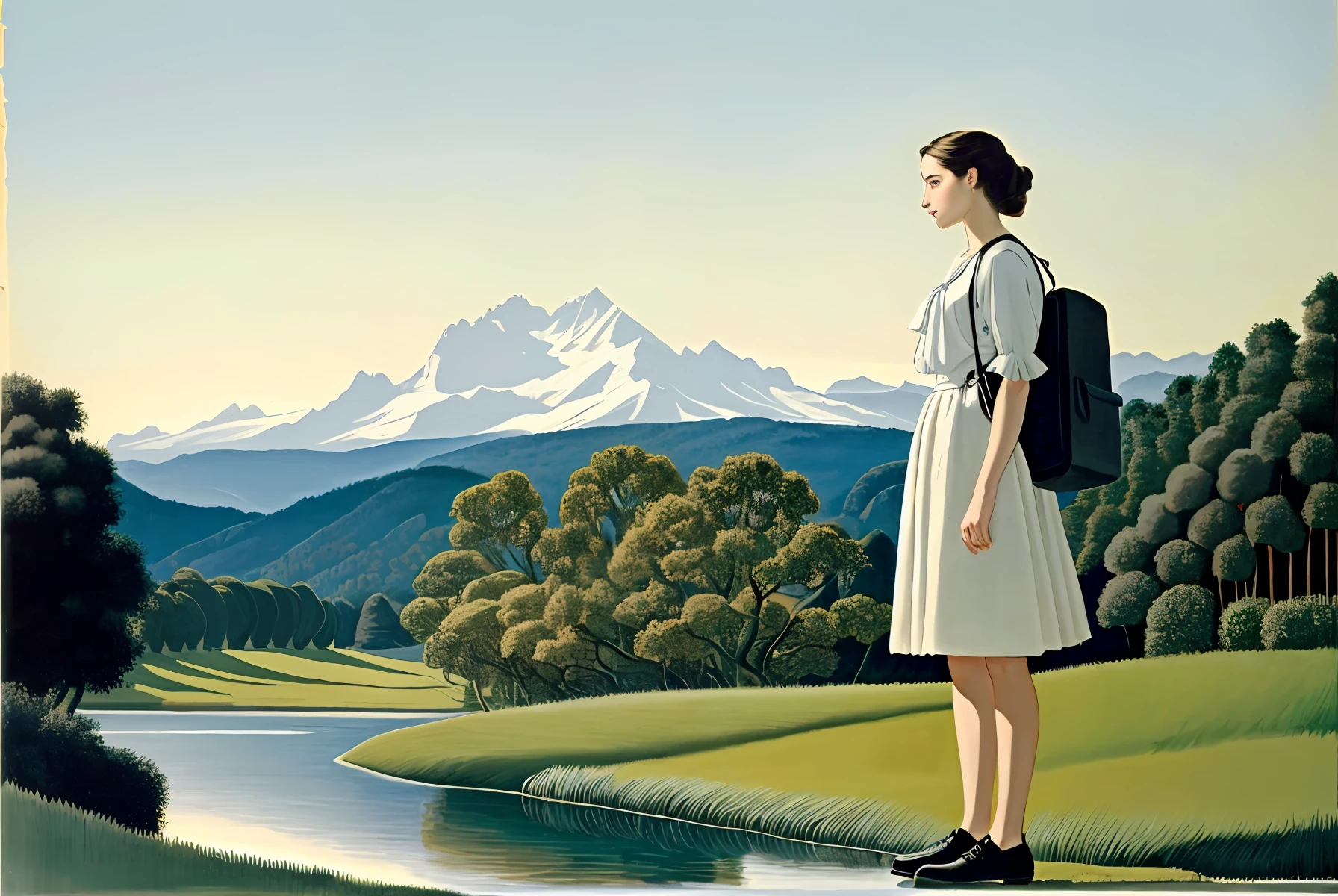 Beautiful nature,mountains, river, a beautiful young woman standing like vectorial design in sunny day style HENRI ROUSSEAU.
