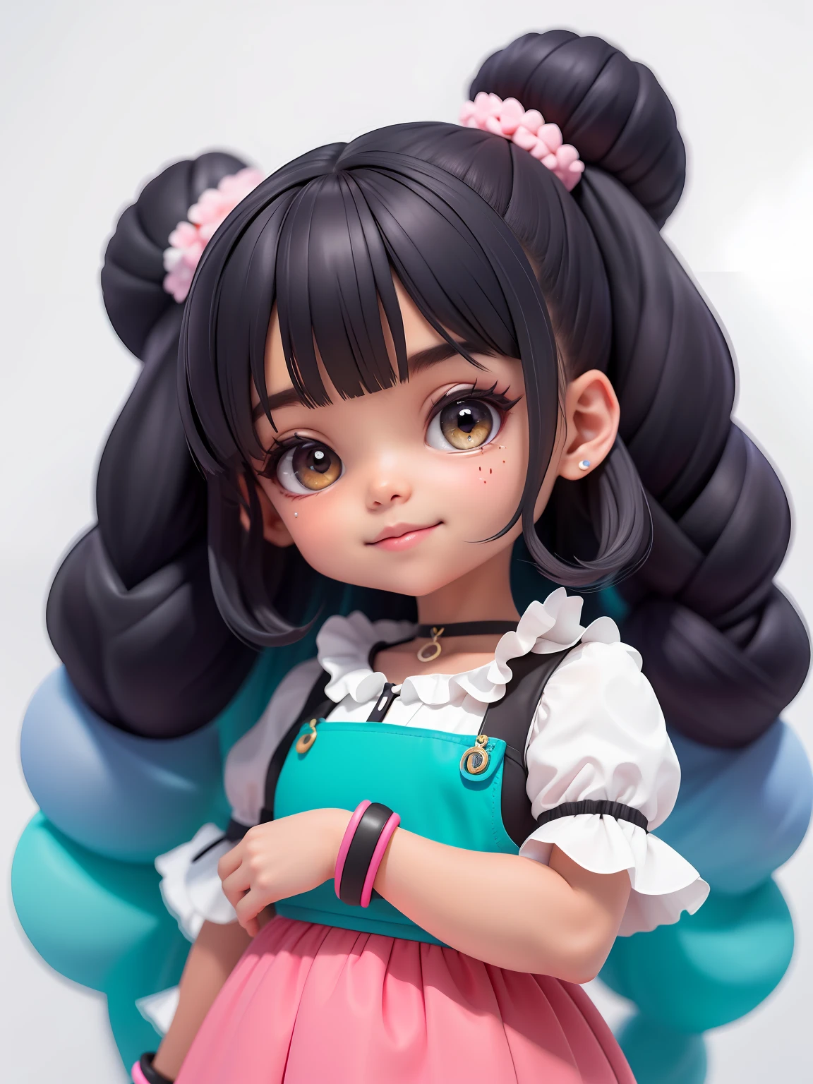 (obra-prima), (melhor qualidade), (ultra-detalhado), (corpo inteiro: 1.2) loli menina negra, liso, encaracolado ,big dress, sorriso claro, corpo inteiro, :3, cabelo mesclado, curto, preso, pavor, moderno, Modern accessories, fundo tom pastel , colorido e simples.