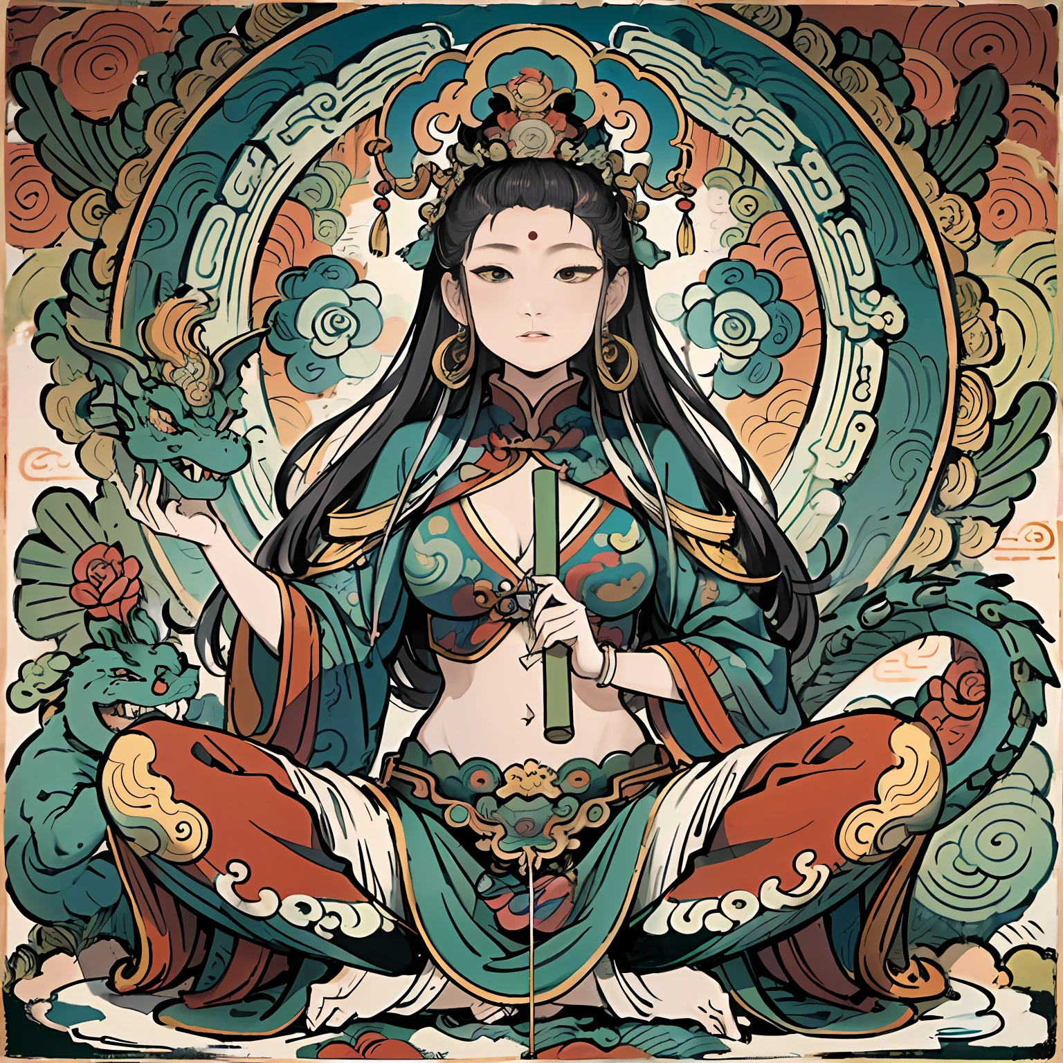 an ancient Chinese goddess, guanyin of the southern seas, Guanyin, Inspired by India, Avalokiteshvara rides a dragon,Serene expression,shui mo hua,Buddha,Buddhist,Lotus,Chinese painting style,Thangka style