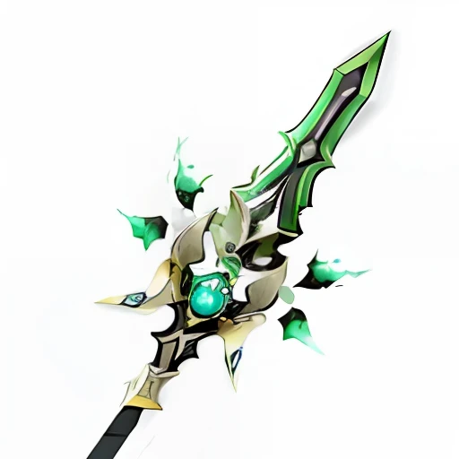 Close-up of green and black sword with green and black design, glowing green soul blade, intricate fantasy spear, The sword, Rod arm sword, war blade weapon, POLEARM, draconic staff, fantasy weapon, medievil spear, emerald herald, Halberd, warcraft blizzard weapon art, spear, style of ghost blade