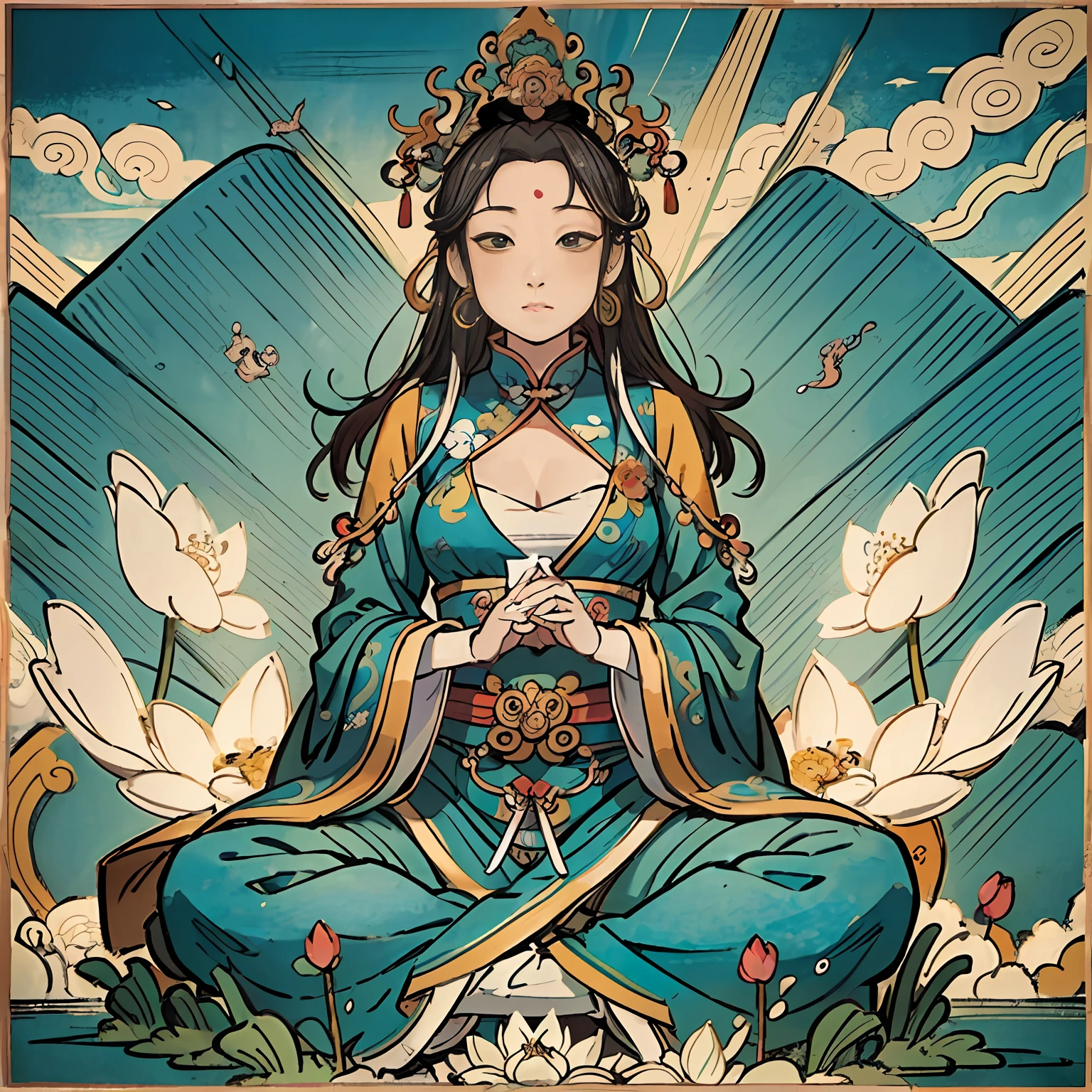 Woman sitting on a lotus,guanyin of the southern seas,Guanyin,contented female bodhisattva,jade sculpture,bodhisattva,queen of the sea mu yanling,serene,Serene expression,shui mo hua,Buddha,Buddhist,Lotus,Chinese painting style,Thangka style