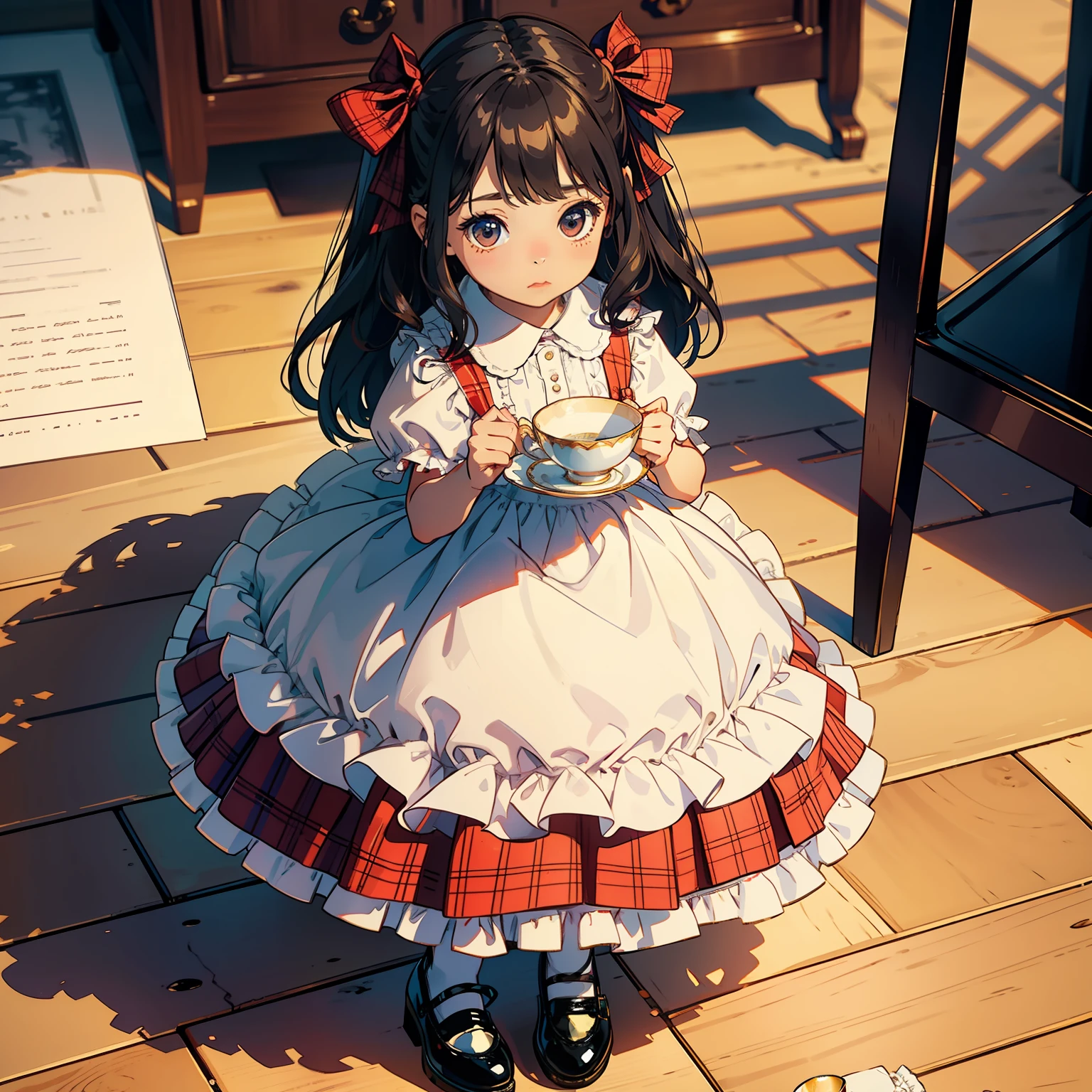 Ella, child sized doll, bearing a teacup and saucer in her tiny hands like an offering, crisp plaid dress, patent leather shoes still shone