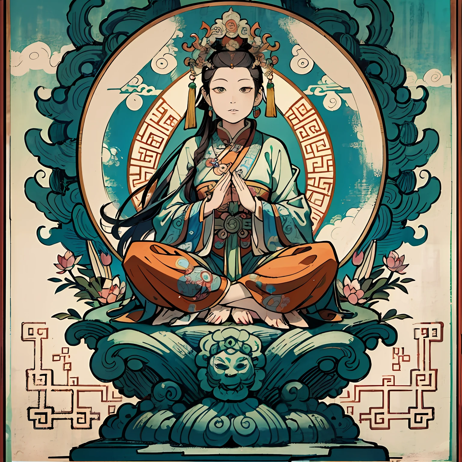 Woman sitting on a lotus,guanyin of the southern seas,Guanyin,contented female bodhisattva,jade sculpture,bodhisattva,queen of the sea mu yanling,serene,Serene expression,shui mo hua,Buddha,Buddhist,Lotus,Chinese painting style,Thangka style