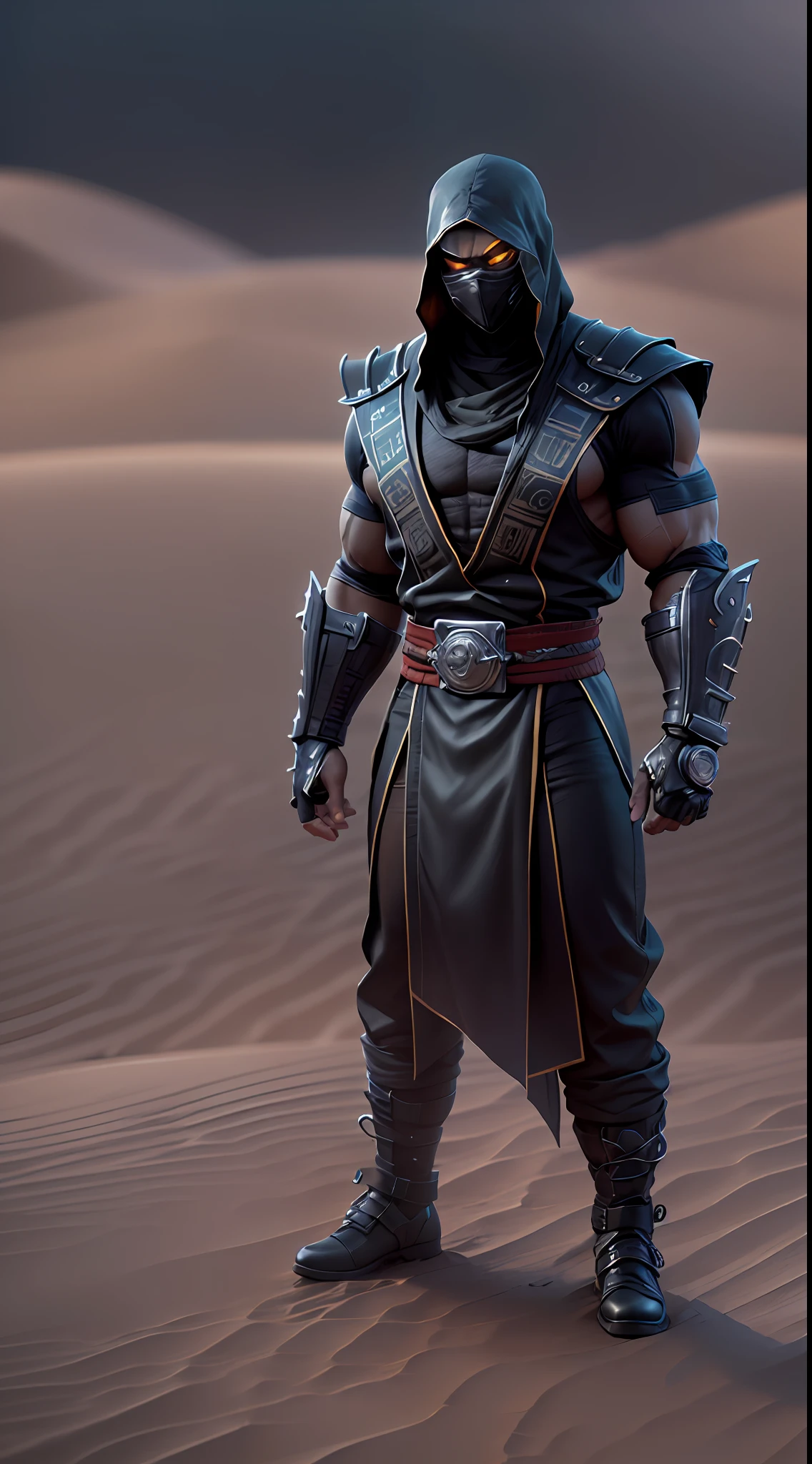 (( ultra-resolution image )), (( HDR PLUS )) , (( ultra-realistic modeling )), high-resolution , ((8k )), Tall male, 37 years old , athletic body , build ( Noob Saibot Mortal Kombat ) , cyberpunk clothes , desert , silver neon mask ,