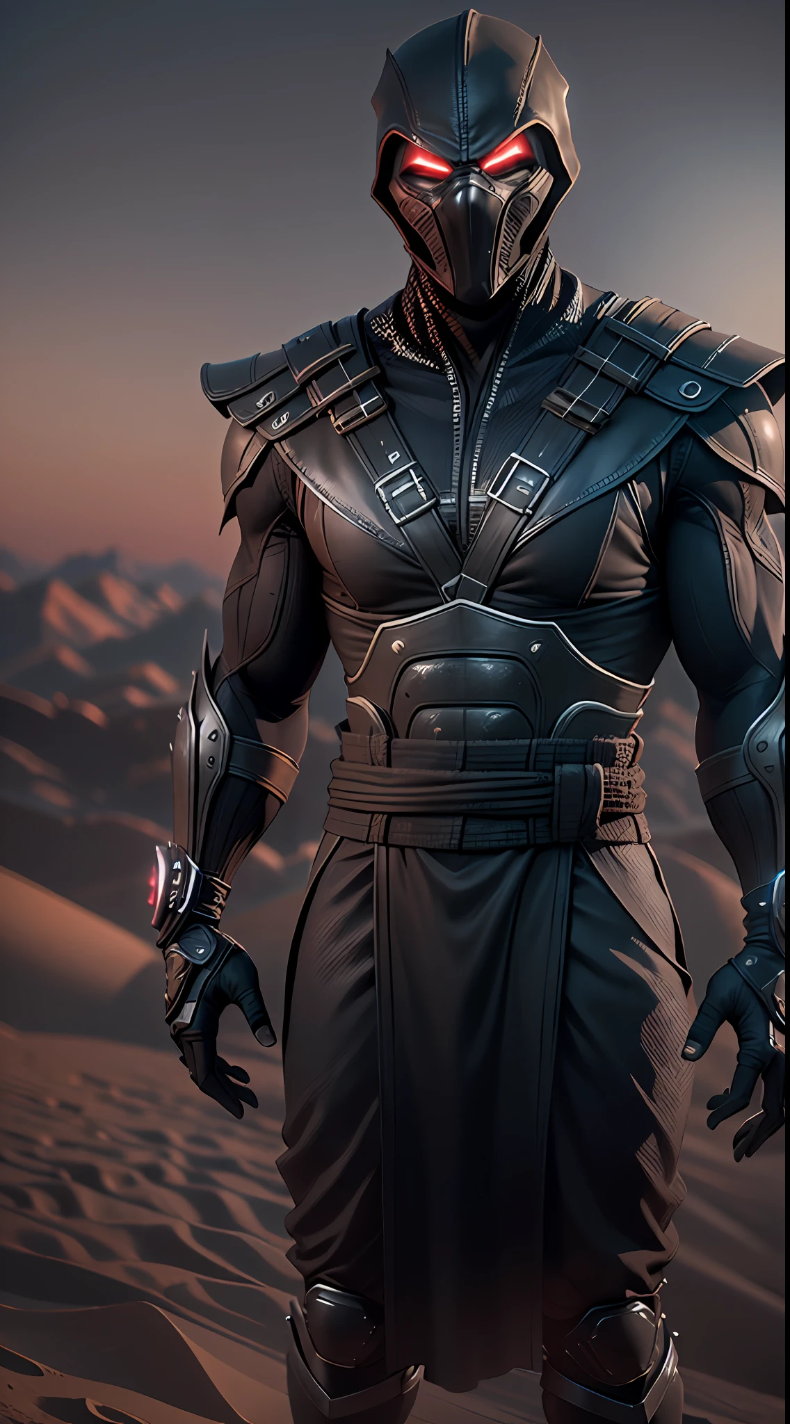 (( ultra-resolution image )), (( HDR PLUS )) , (( ultra-realistic modeling )), high-resolution , ((8k )), Tall male, 37 years old , athletic body , build ( Noob Saibot Mortal Kombat ) , cyberpunk clothes , desert , silver neon mask ,