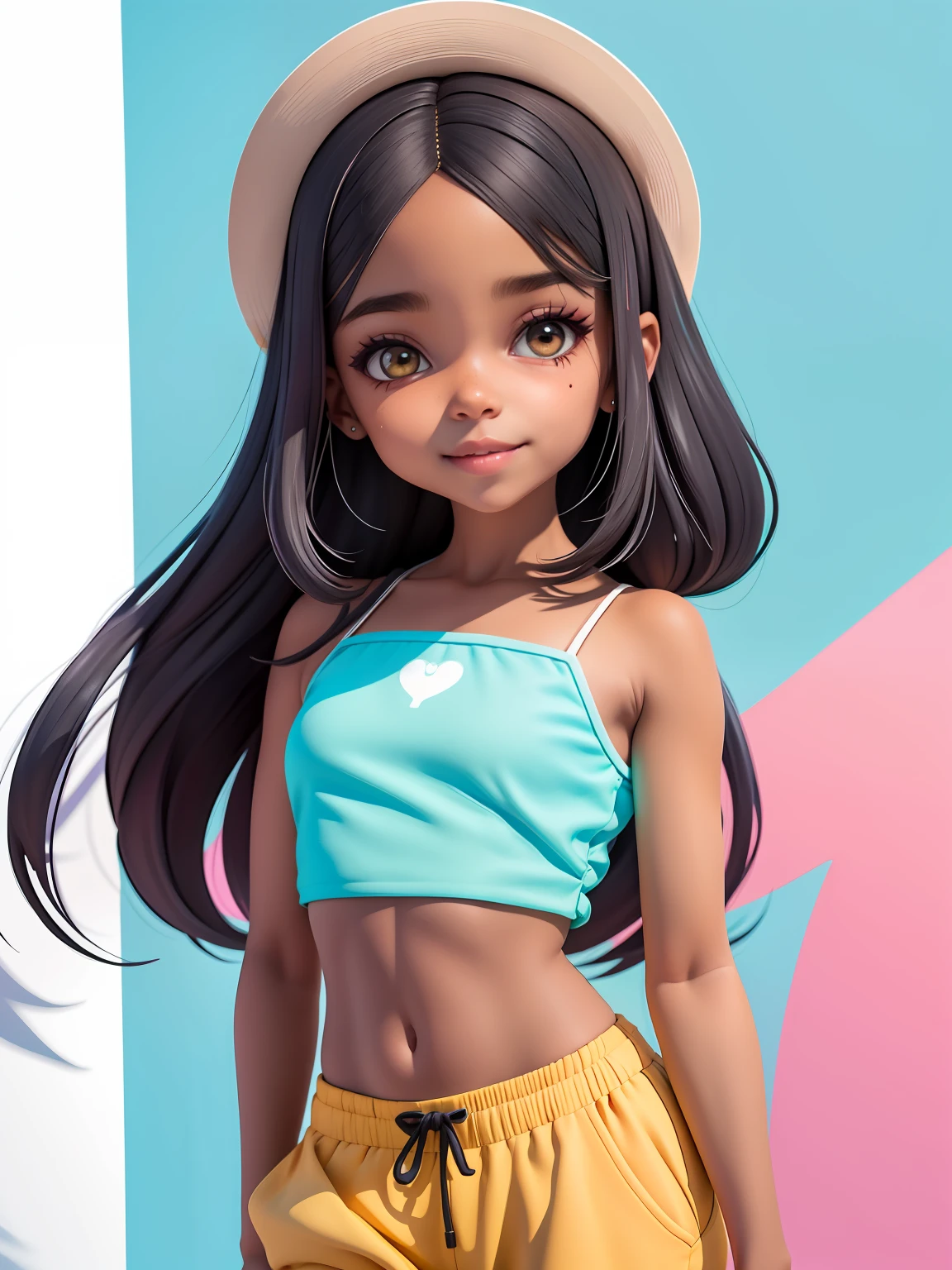 (obra-prima), (melhor qualidade), (ultra-detalhado), (corpo inteiro: 1.2) loli menina negra, liso, encaracolado ,pants and mini blouse, sorriso claro, corpo inteiro, :3, cabelo mesclado, curto, preso, pavor, moderno, Modern accessories, fundo tom pastel , colorido e simples.