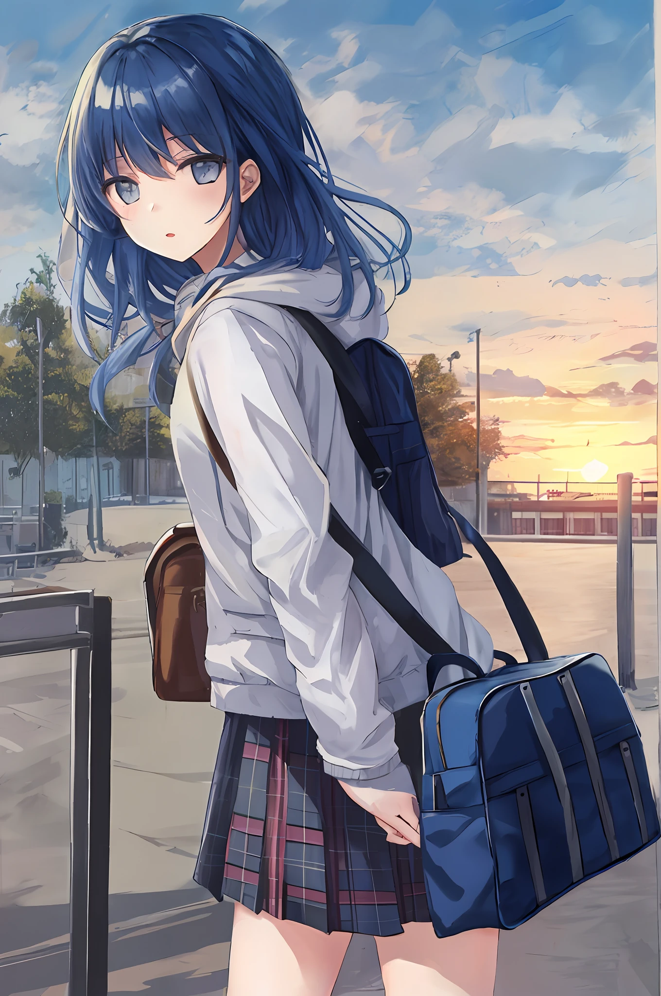 Masterpiece, Best quality, 1girll, Solo, Looking_at_peeping at the viewer, Skirt, shirt, school_uniform, Jacket, White_shirt, Outdoors, parted_Lips, tiese, sky, streaked, Cloud, Hood, bag, tartan, Hoodie, tartan_Skirt, Backpack, Hooded_Jacket, Hood_Up, Sunset, Recording, viewfinder, Flat color, 清晰的线条