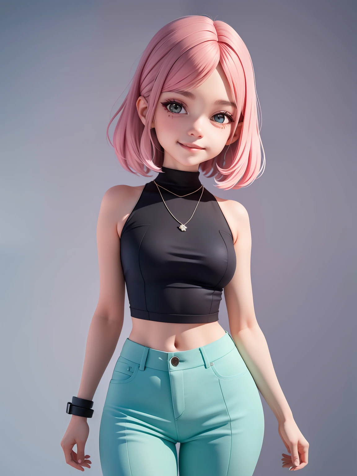 (obra-prima), (melhor qualidade), (ultra-detalhado), (corpo inteiro: 1.2) loli menina negra, liso, encaracolado ,pants and mini blouse, sorriso claro, corpo inteiro, :3, cabelo mesclado, curto, preso, pavor, moderno, Modern accessories, fundo tom pastel , colorido e simples.