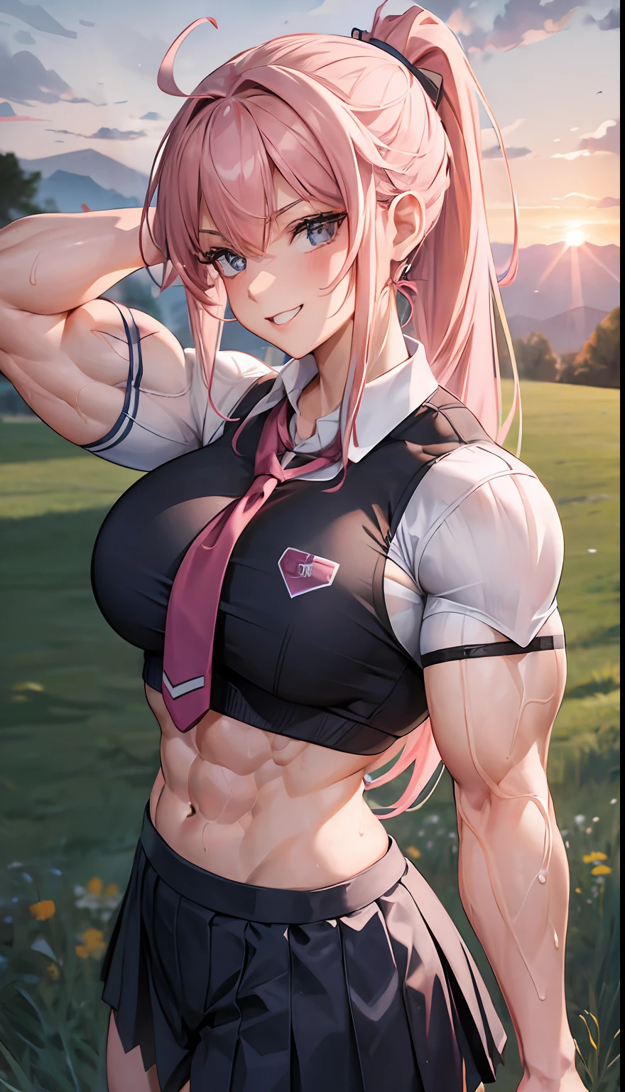 female girl, school uniform, in school, muscle, looking happy, (Bodybuilder:1.1), pink hair, ponytail, sunset, sexy face, cute face, ripped clothing, on a meadow, 18 years old, add_detail:1