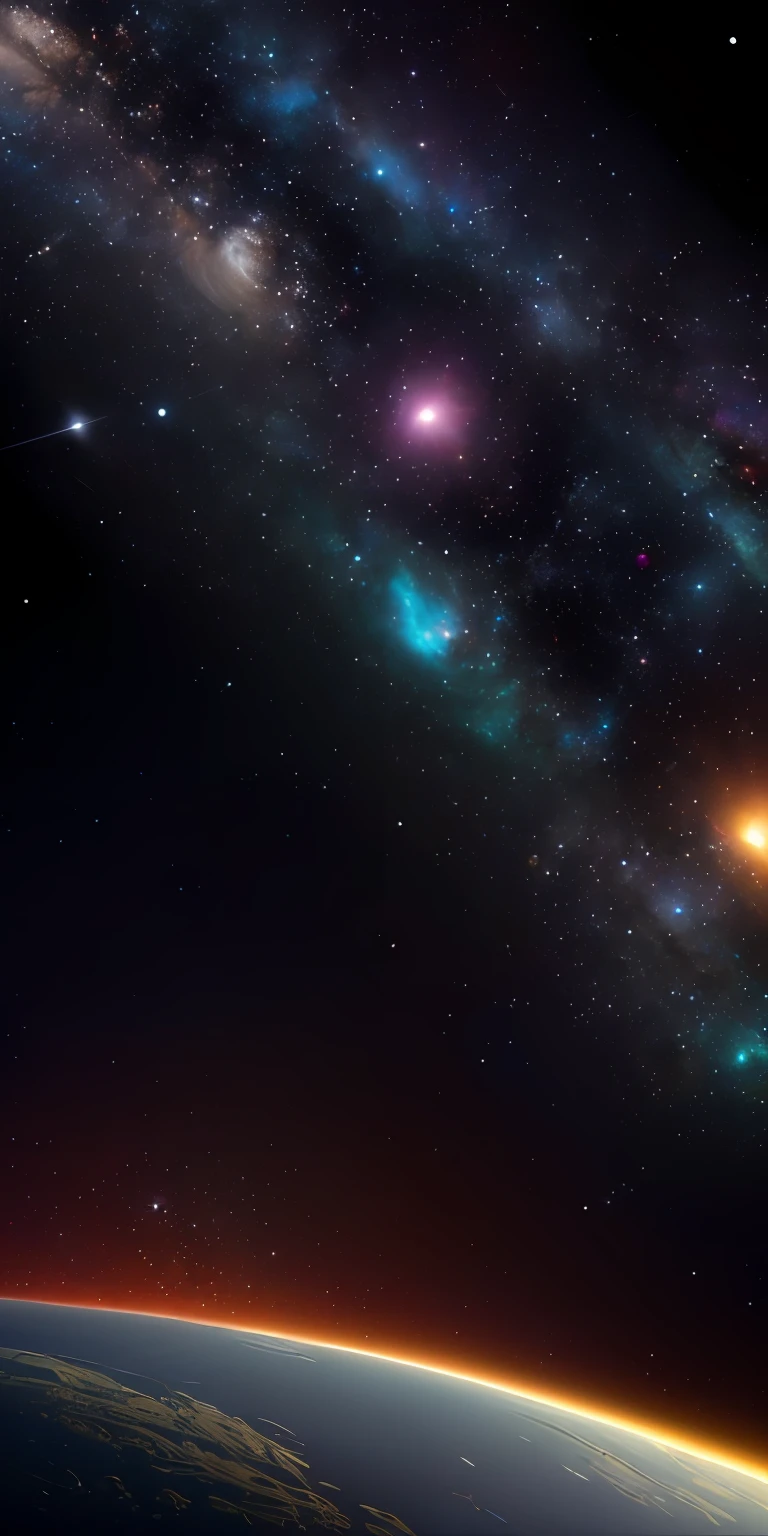 ((mestre)), ((melhor qualidade)), wallpaper ultra-detalhado CG unity 8k, incredibly delicate and beautiful illustration, universo, alta resolução, dynamics, Stellar space, grandes e luminescentes estrelas brancas, um enorme buraco negro no fundo, Colorful planets floating in a cosmic maelstrom.