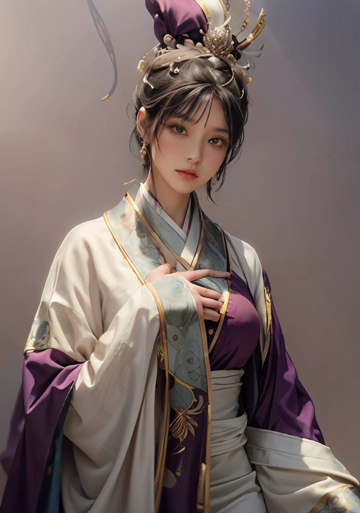 Art depicts a charming woman,Dressed in a flowing manner、Silky traditional oriental dress,purpleish color,Decorated with intricate patterns and bright colors。Her dress draped elegantly over her curvy figure,Highlights her seductive silhouette。She stood gracefully in the tranquil sunlight,Bask in soft sunlight。The scene exudes an ethereal and dreamy atmosphere,With a touch of mystery and sexiness。The image style incorporates watercolor and digital illustration techniques,It evokes a refined beauty and charm。The lights are filled with soft moonlight,casting soft highlights and shadows on her charming features。Bare thighs,Bigchest