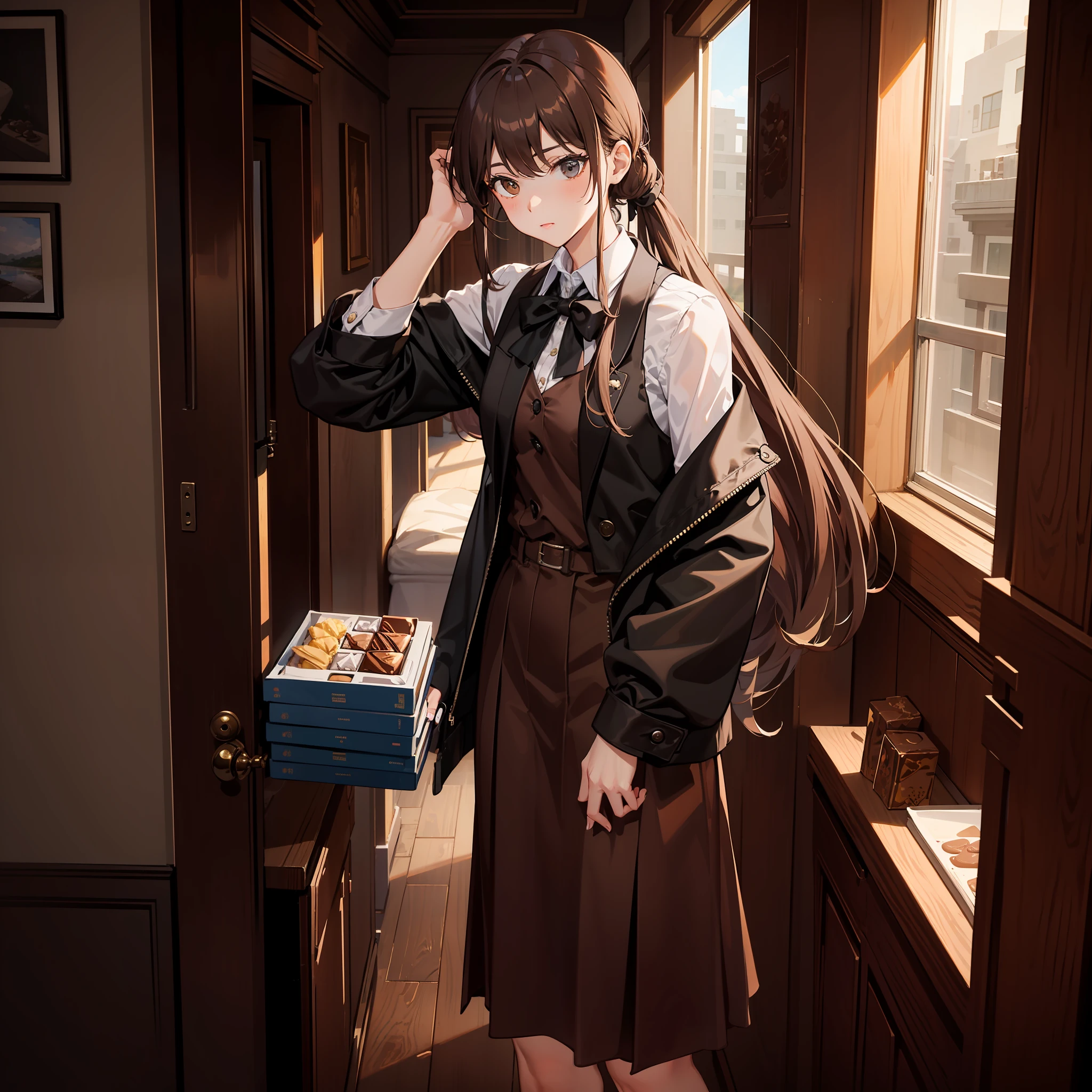 Masterpiece, Best quality, A high resolution, A high school girl wears a long ponytail,Chocolate colored hair,Wearing a black vest,Brown coat,Short brown skirt,The background is the wilderness