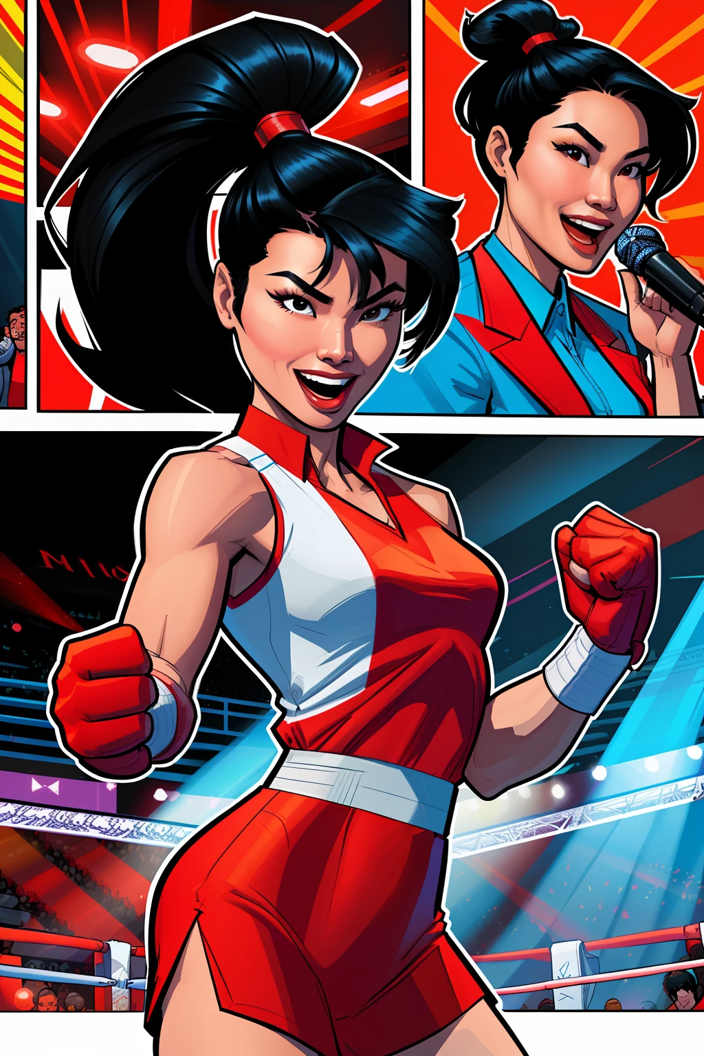 anouncing with a microphone, asian woman, inside collage boxing stadium, boxing ring, ponytail hair, happy expression, wearing a red office suit, comic book style, flat shaded, prominent comic book outline linework