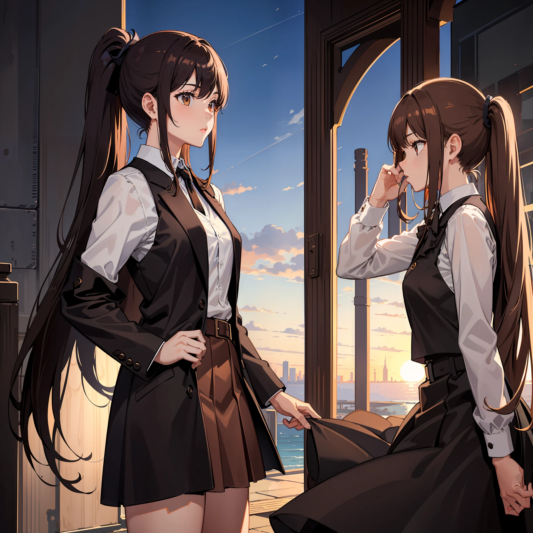Masterpiece, Best quality, A high resolution, A high school girl wears a long ponytail,Chocolate colored hair,Wearing a black vest,Brown coat,Short brown skirt,The background is the wilderness
