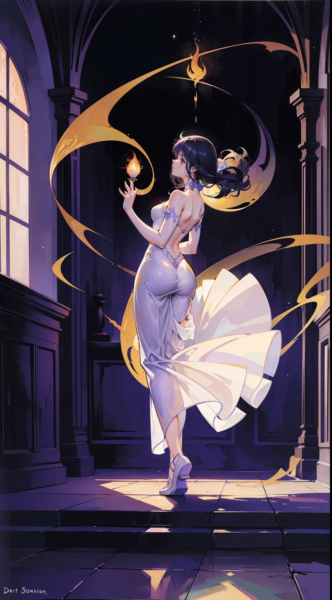 Una imagen en estilo art nouveau, Surrealista y abstracto. A woman dances in a dark room lit by several candles, Su sombra reflejada en la pared tiene la forma de un demonio..