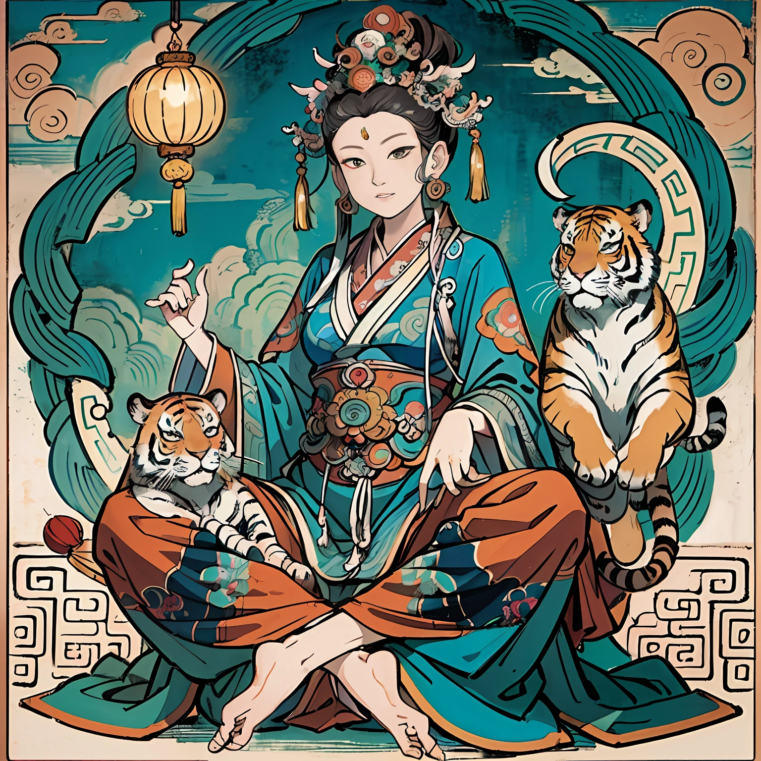 an ancient Chinese goddess, guanyin of the southern seas, Guanyin, Inspired by India, Avalokiteshvara rides a tiger,Serene expression,shui mo hua,Buddha,Buddhist,Lotus,Chinese painting style,Thangka style