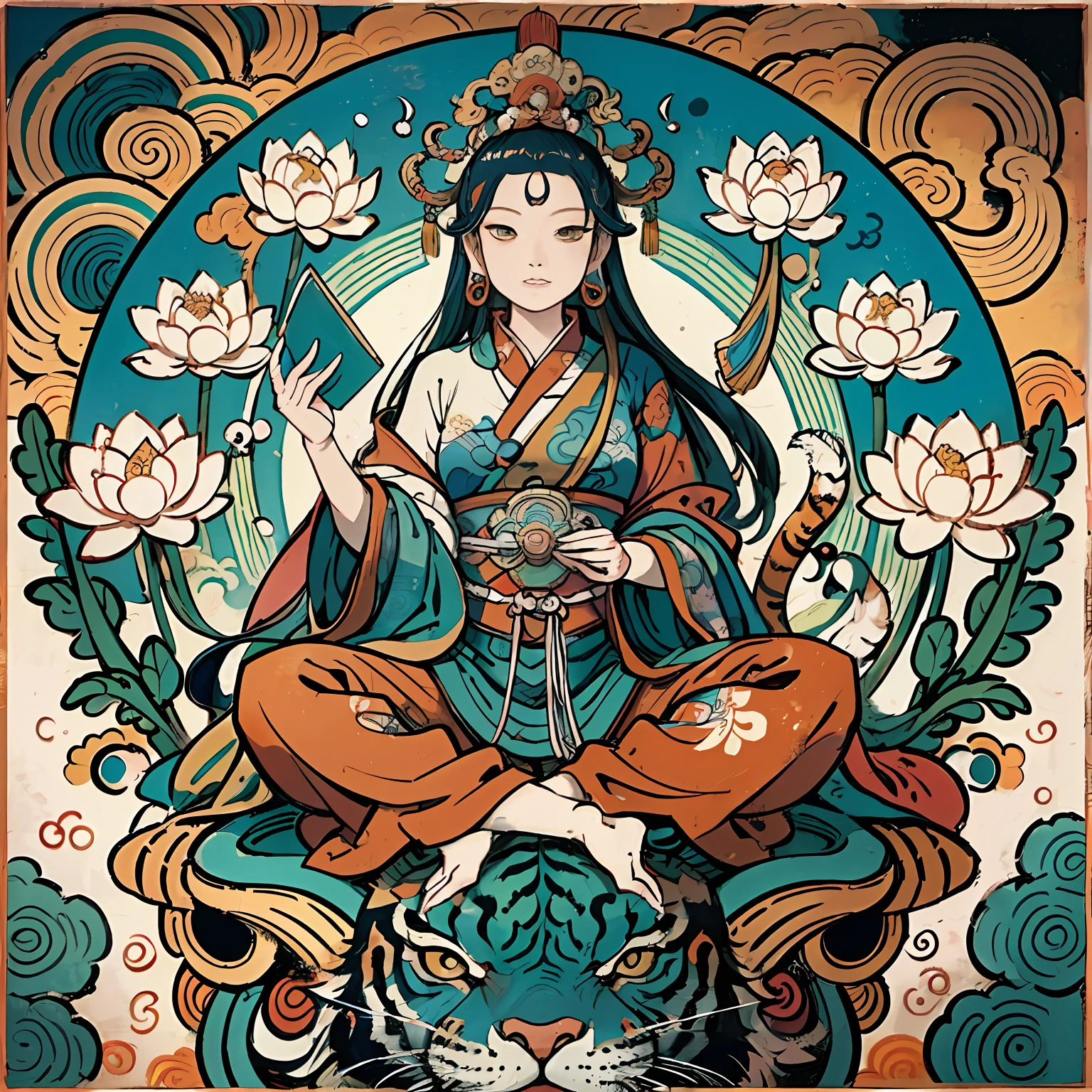 an ancient Chinese goddess, guanyin of the southern seas, Guanyin, Inspired by India, Avalokiteshvara rides a tiger,Serene expression,shui mo hua,Buddha,Buddhist,Lotus,Chinese painting style,Thangka style