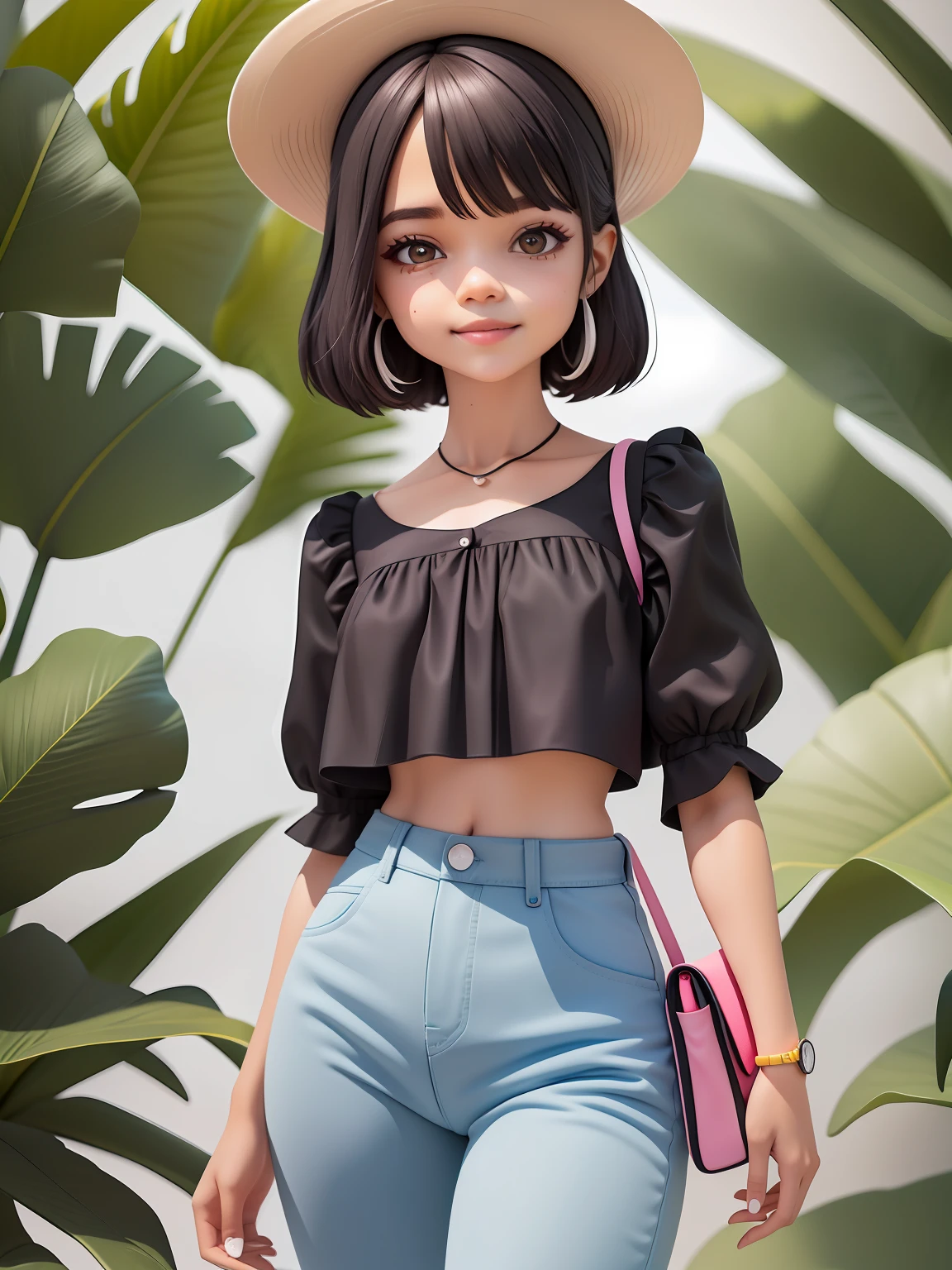(obra-prima), (melhor qualidade), (ultra-detalhado), (corpo inteiro: 1.2) cute loli menina negra, liso, encaracolado ,pants and mini blouse, sorriso claro, corpo inteiro, :3, cabelo mesclado, curto, preso, pavor, moderno, Modern accessories, fundo tom pastel , colorido e simples.