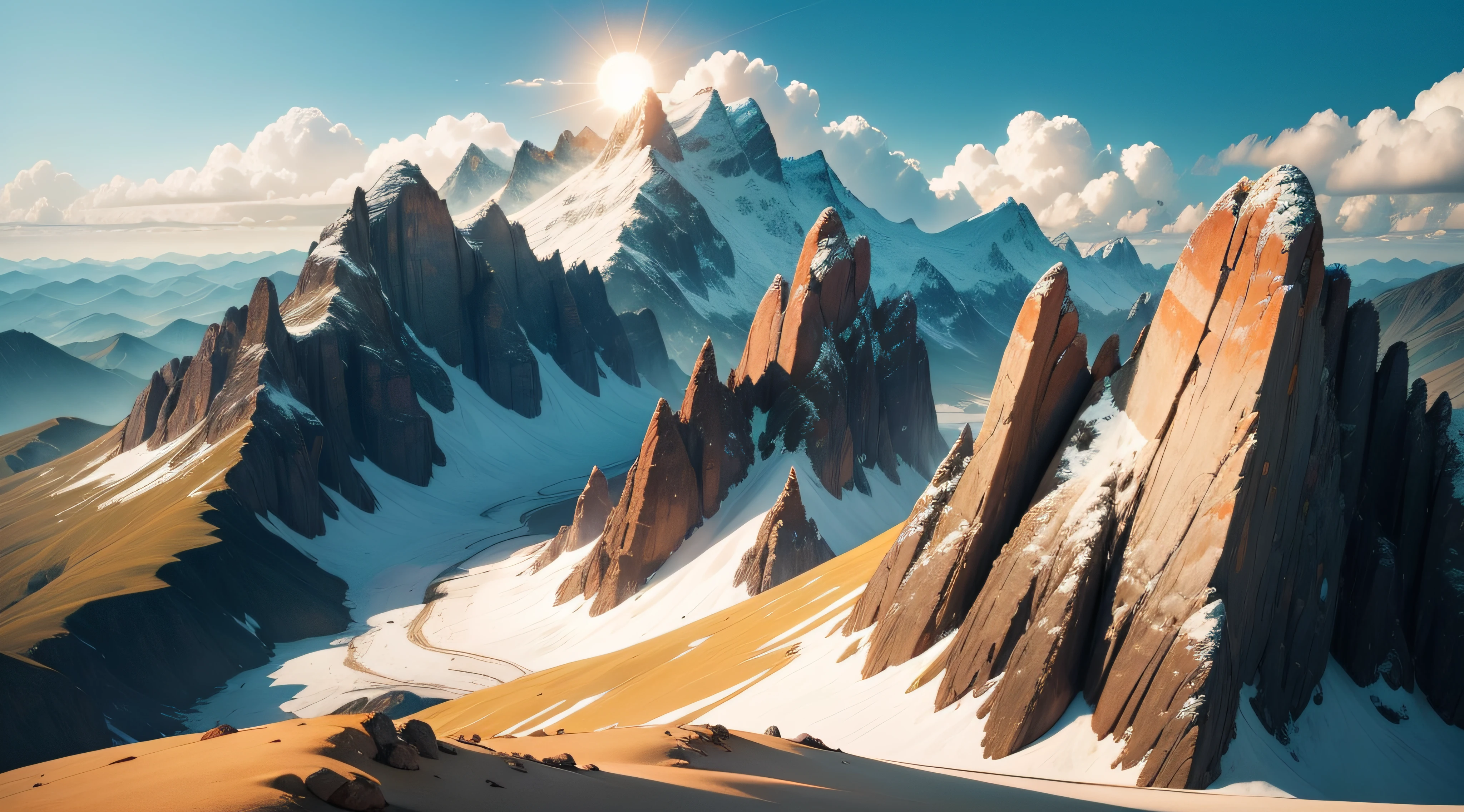 alto de uma montanha. O sol nascente dourava os picos das montanhas.