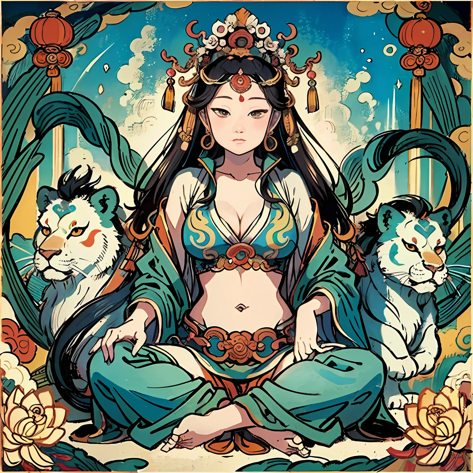 an ancient Chinese goddess, guanyin of the southern seas, Guanyin, Inspired by India, Avalokiteshvara rides a lion，,Serene expression,shui mo hua,Buddha,Buddhist,Lotus,Chinese painting style,Thangka style