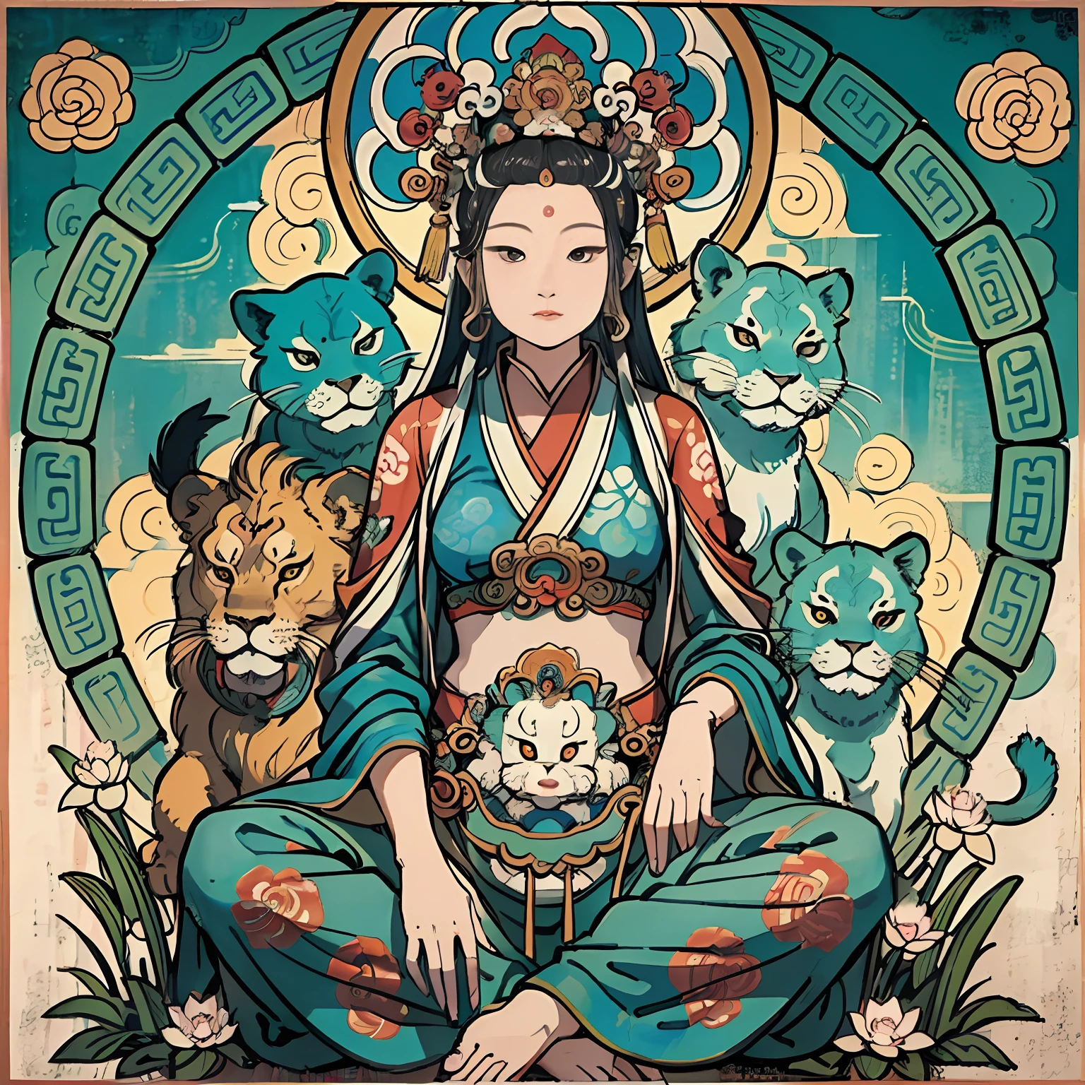 an ancient Chinese goddess, guanyin of the southern seas, Guanyin, Inspired by India, Avalokiteshvara rides a lion,,Serene expression,shui mo hua,Buddha,Buddhist,Lotus,Chinese painting style,Thangka style