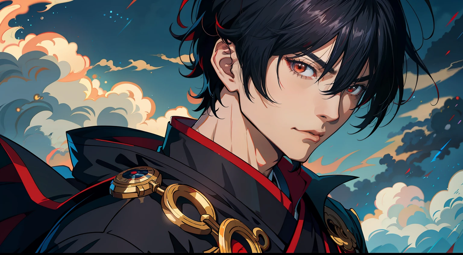 Anime characters with black hair and red cape in front of a stormy sky, handsome guy in demon killer art, handsome japanese demon boy, Keqing from Genshin Impact, heise jinyao, style of anime4 K, zhongli from genshin impact, by Yang J, Inspired by Bian Shoumin, young anime man, High Quality Anime Art Style, Anime handsome man